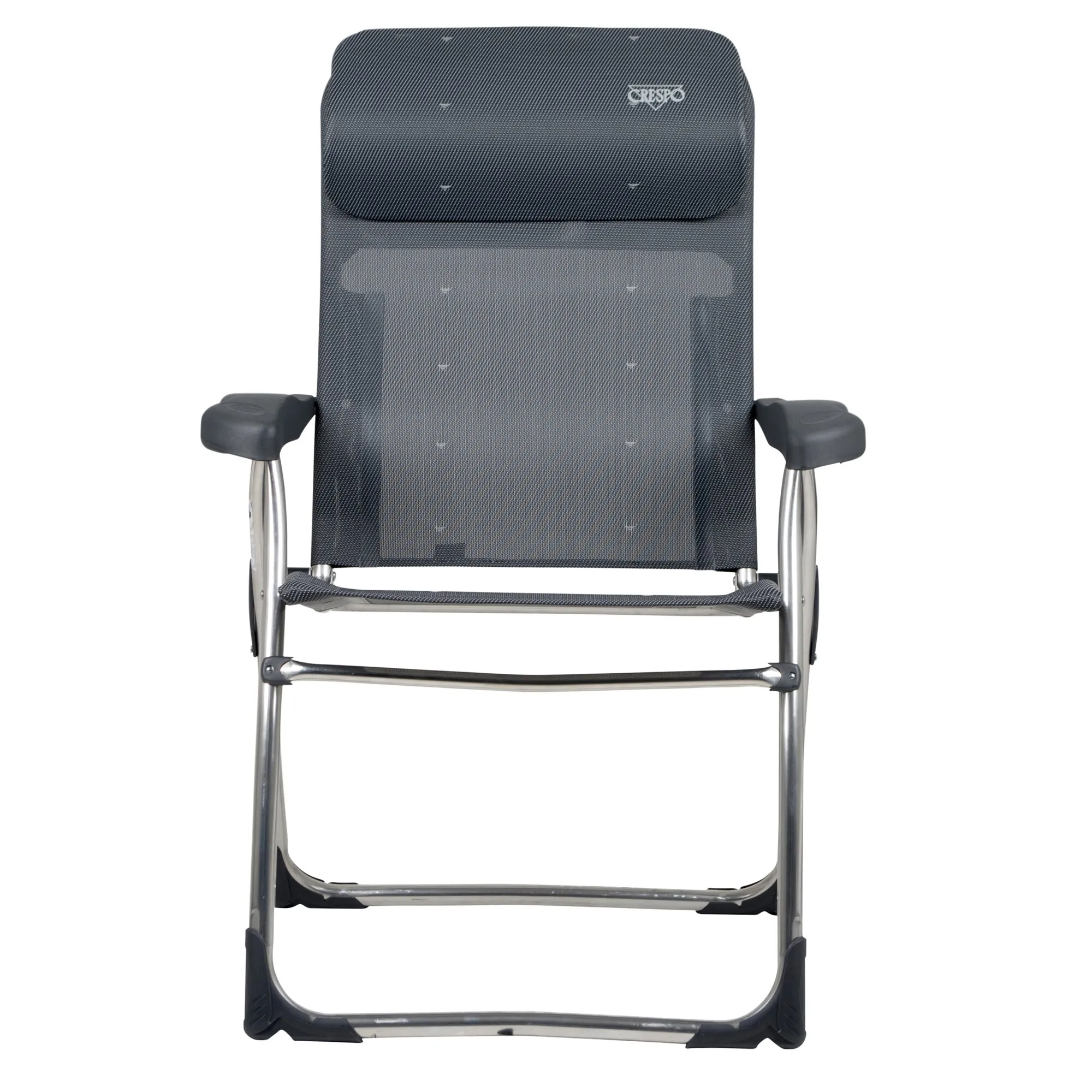 Campingstuhl XS AL/215 Compact in Frontalansicht, dunkelgraues Textilgewebe mit hoher Rückenlehne, Armlehnen und Aluminiumgestell