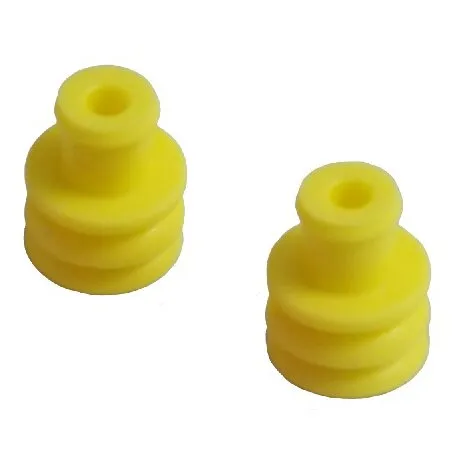 Zwei gelbe Superseal-Dichtungen mit runder Öffnung und geriffeltem, konischem Körper für Kabelquerschnitte von 1,8 bis 2,4 mm²