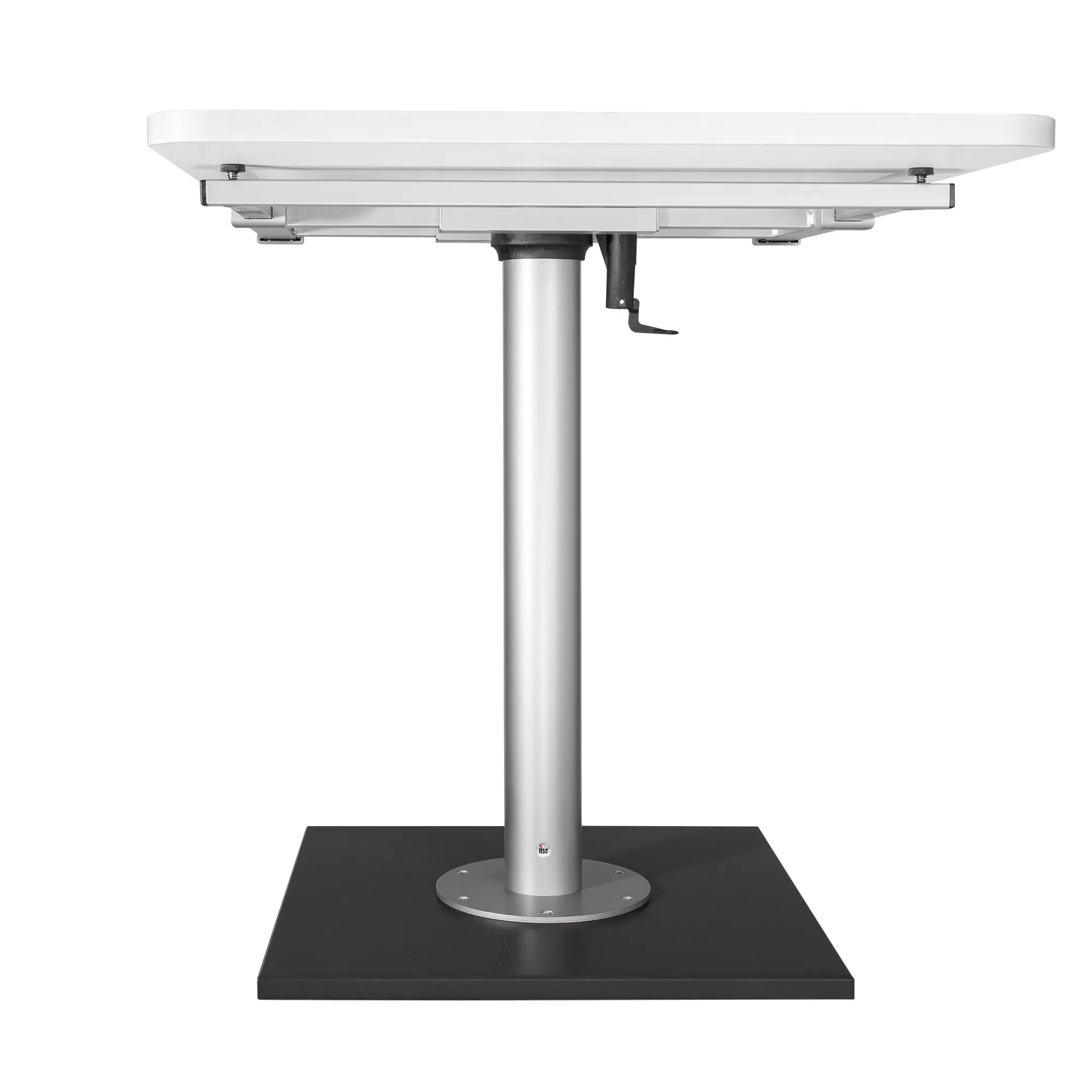 Silberne Tischsäule mit zentraler Stange, runder Fußplatte auf schwarzer quadratischer Basis, seitlicher Hebel, obere weiße Tischplatte sichtbar