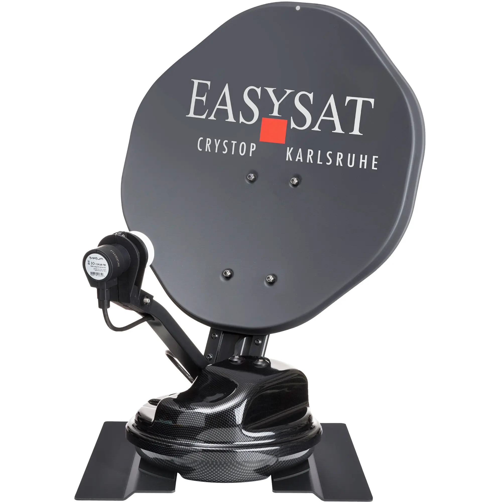 Schwarze Parabolantenne EasySat für Kastenwagen, Nahaufnahme des Reflektors mit Logo und rotem Quadrat Montage und LNB am unteren Rand
