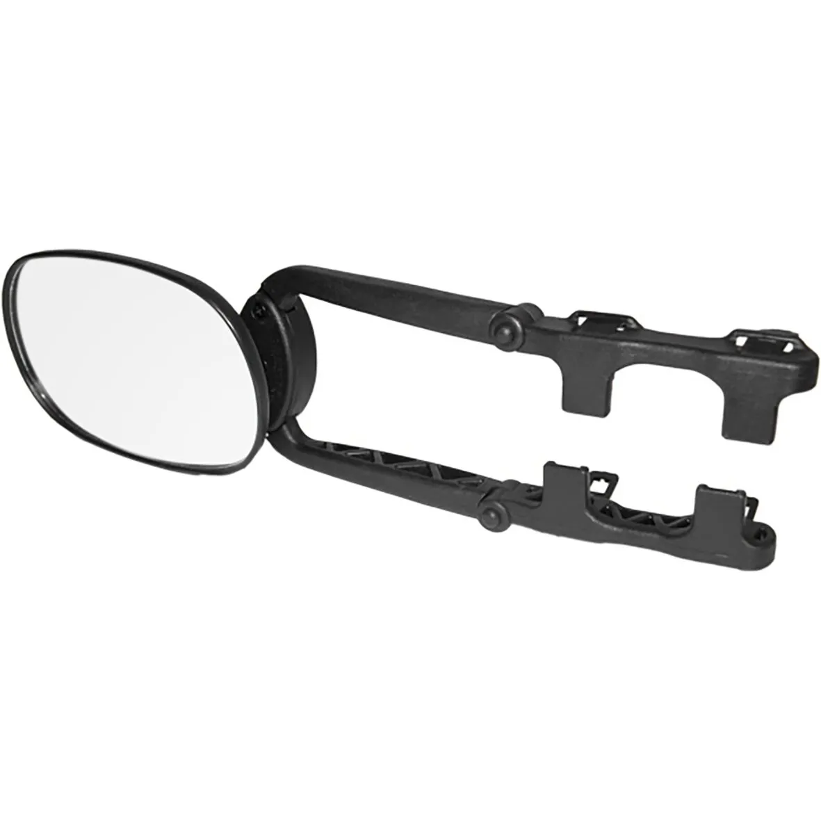 Schwarzer Caravanspiegel Handy Mirror XL Extended mit ovaler Spiegelfläche und verstellbaren Klemmarmen in Seitenansicht