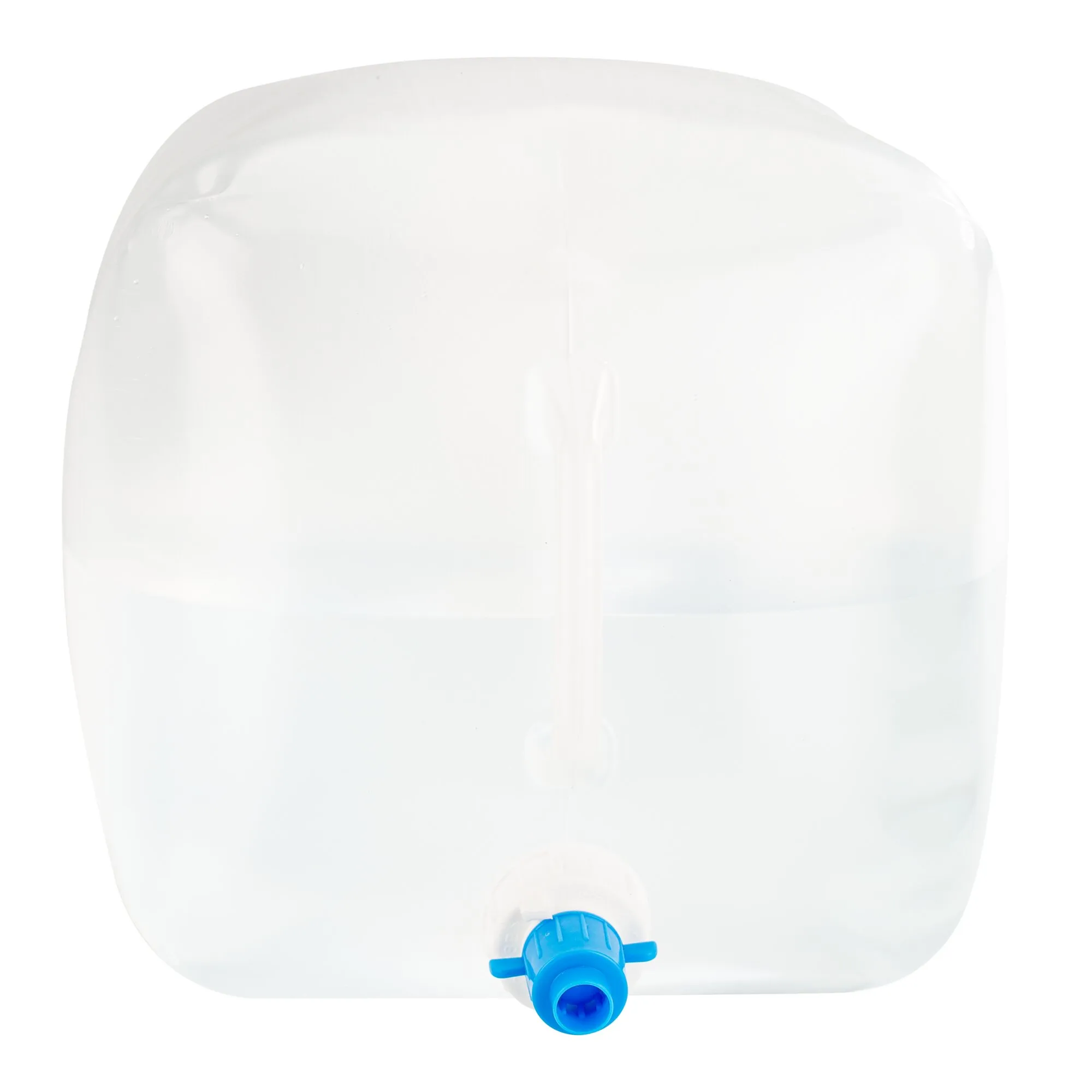 Transparenter faltbarer 15-Liter-Kanister mit blauem Auslaufhahn in Frontalansicht