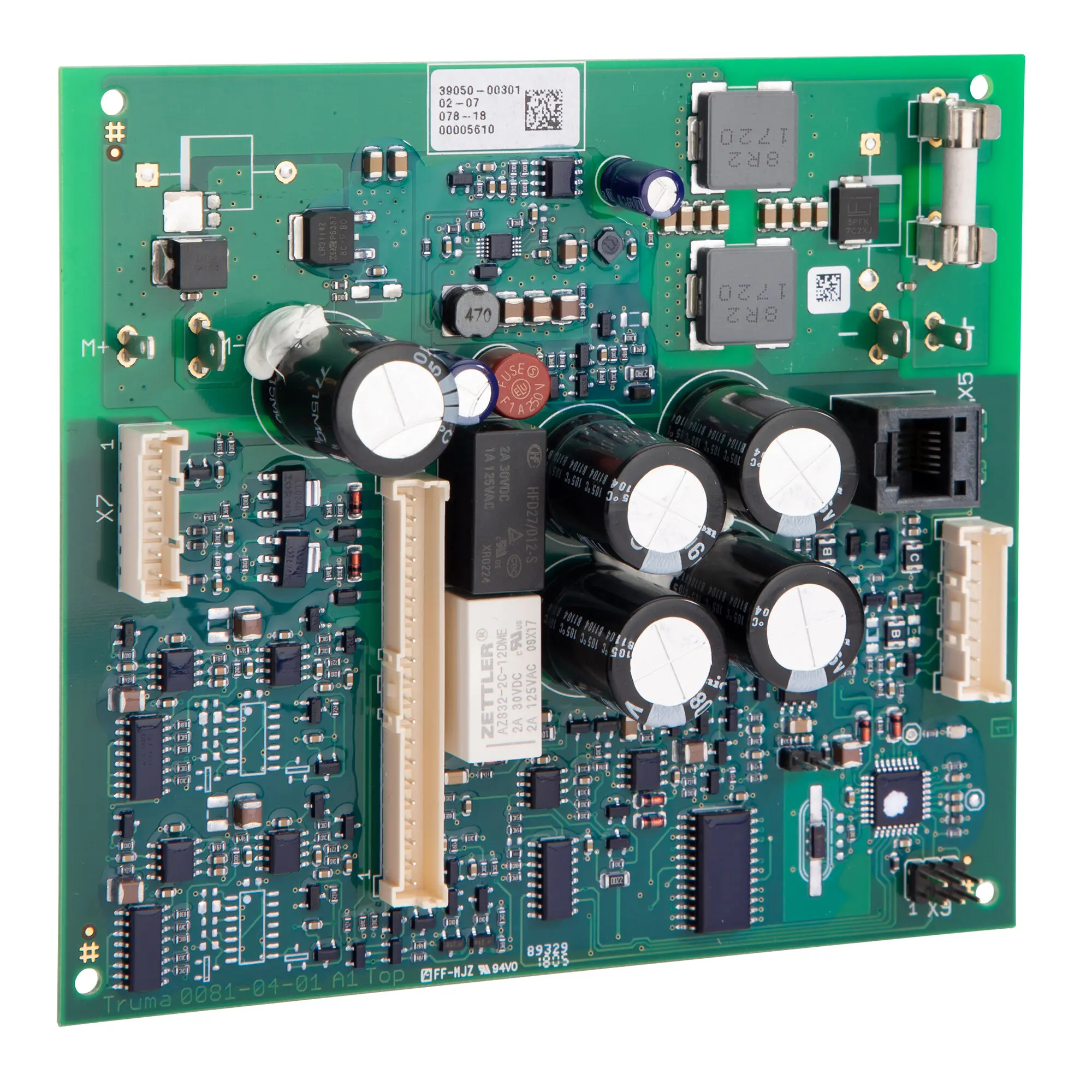 Grüne Elektronikplatine für VarioHeat mit vielen Bauteilen, großen Elektrolytkondensatoren, Transistoren, Widerständen und QR-Code