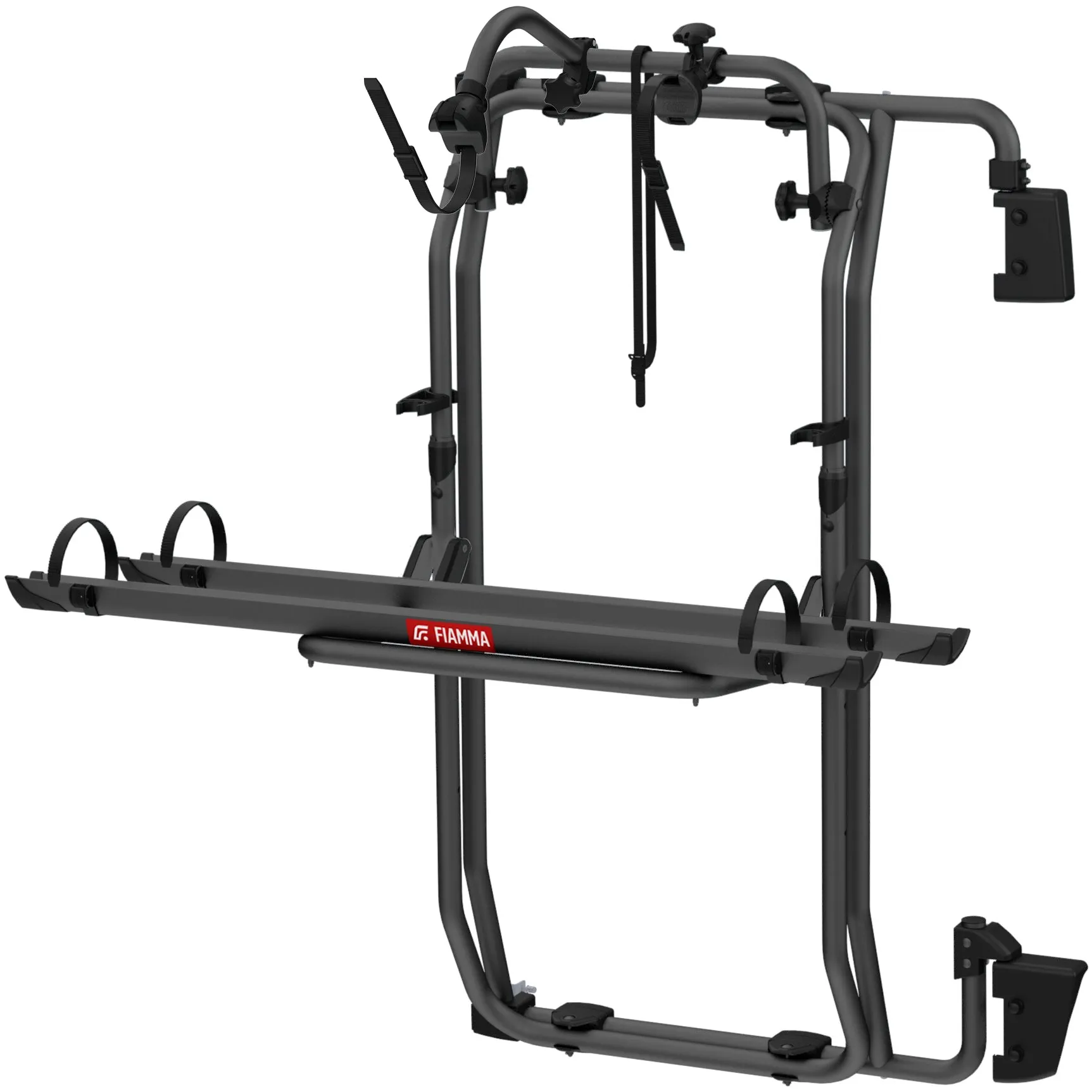 Schwarzer Fiamma Carry-Bike Frame Grundträger mit zwei Fahrradschienen, Haltebügeln und Befestigungsriemen in perspektivischer Ansicht