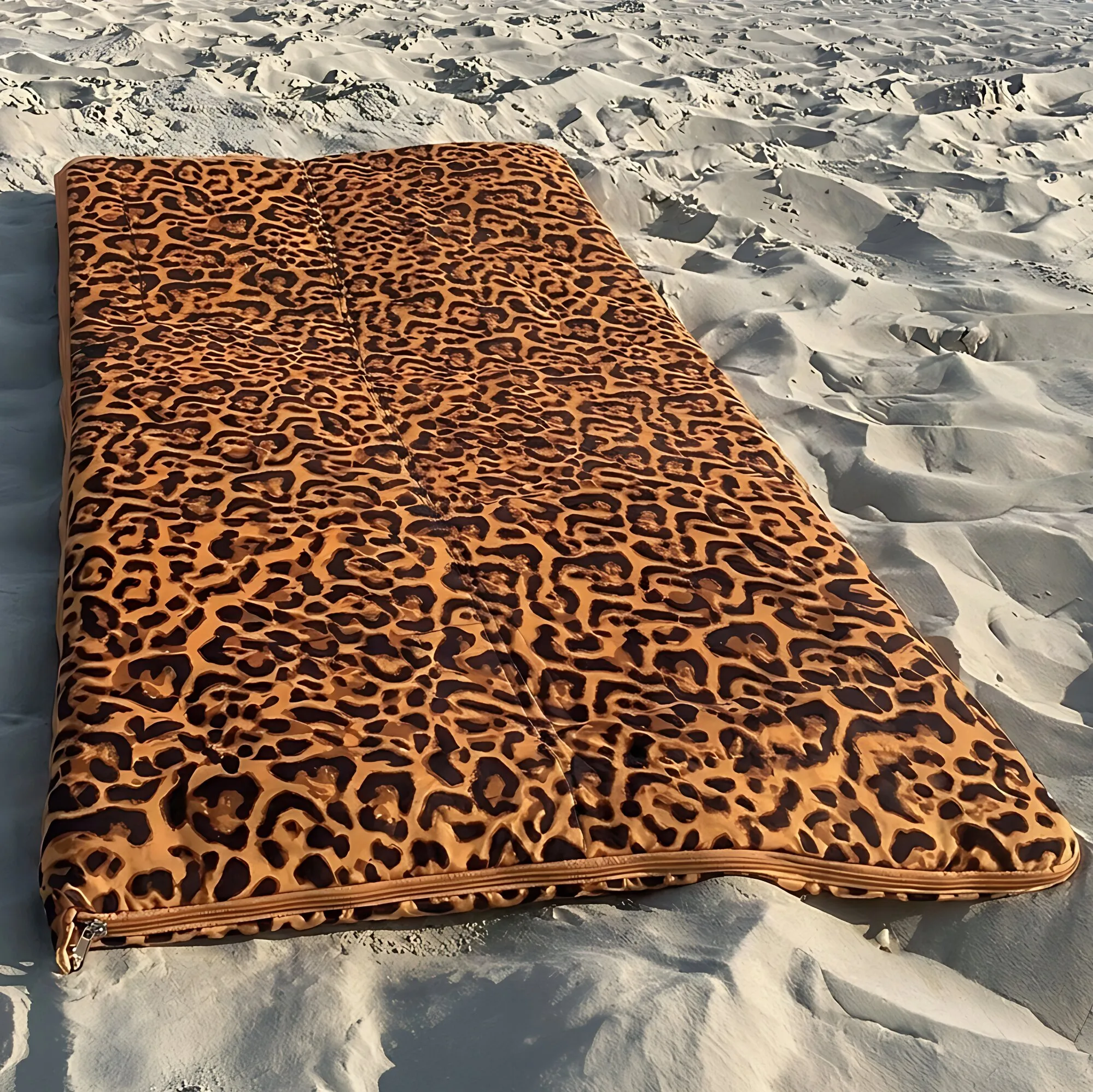 Aufgeschlagener Vanlife-Schlafsack Bentcho im Leo-Design mit braunem Leopardenmuster auf verschneitem Untergrund