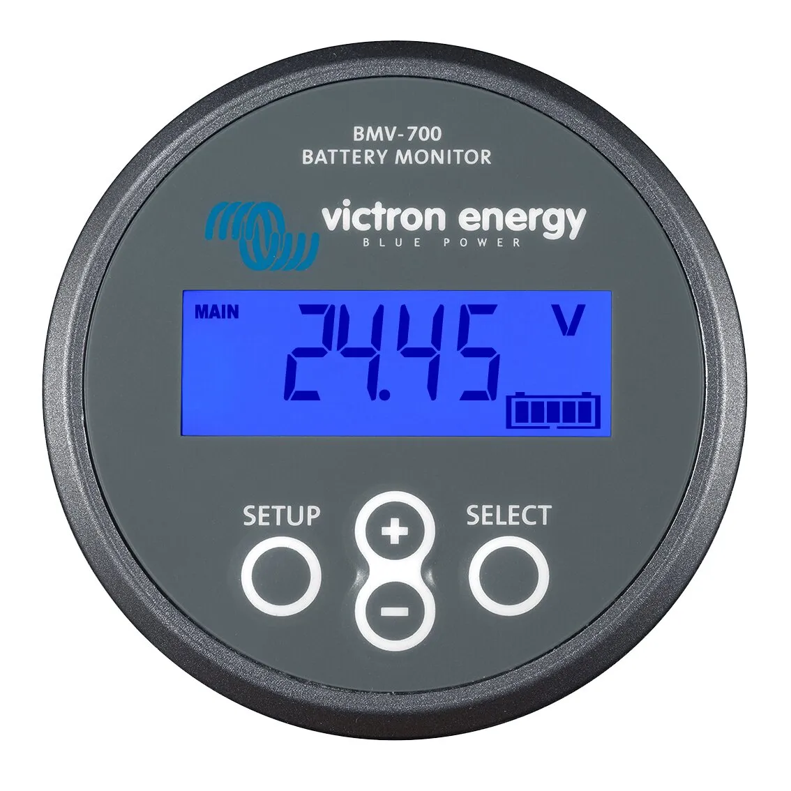 Runder schwarzer Victron Energy BMV-700 Batterie-Überwachungscomputer mit blau beleuchtetem Display, 24,45 V Anzeige und Bedientasten