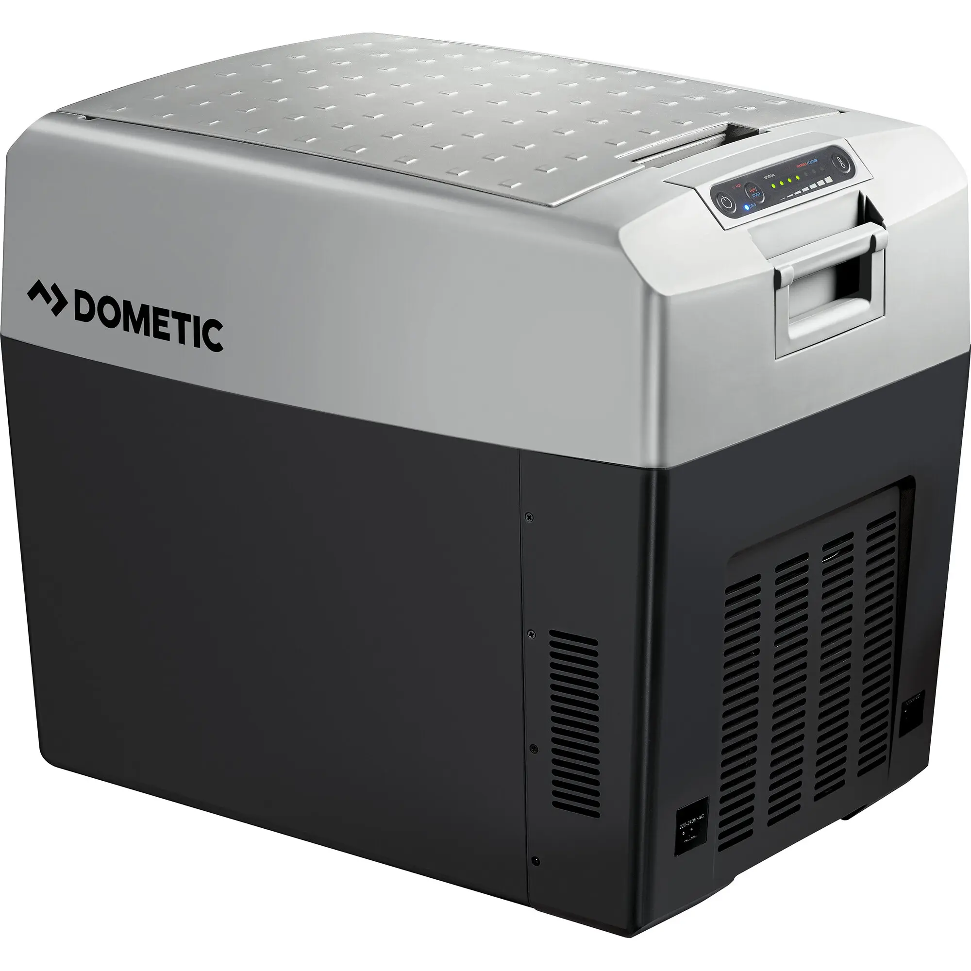 Kühlbox TropiCool Classic TCX, 33 Liter, silberner Deckel mit Muster, schwarzer Korpus, vorn Bedieneinheit mit LEDs