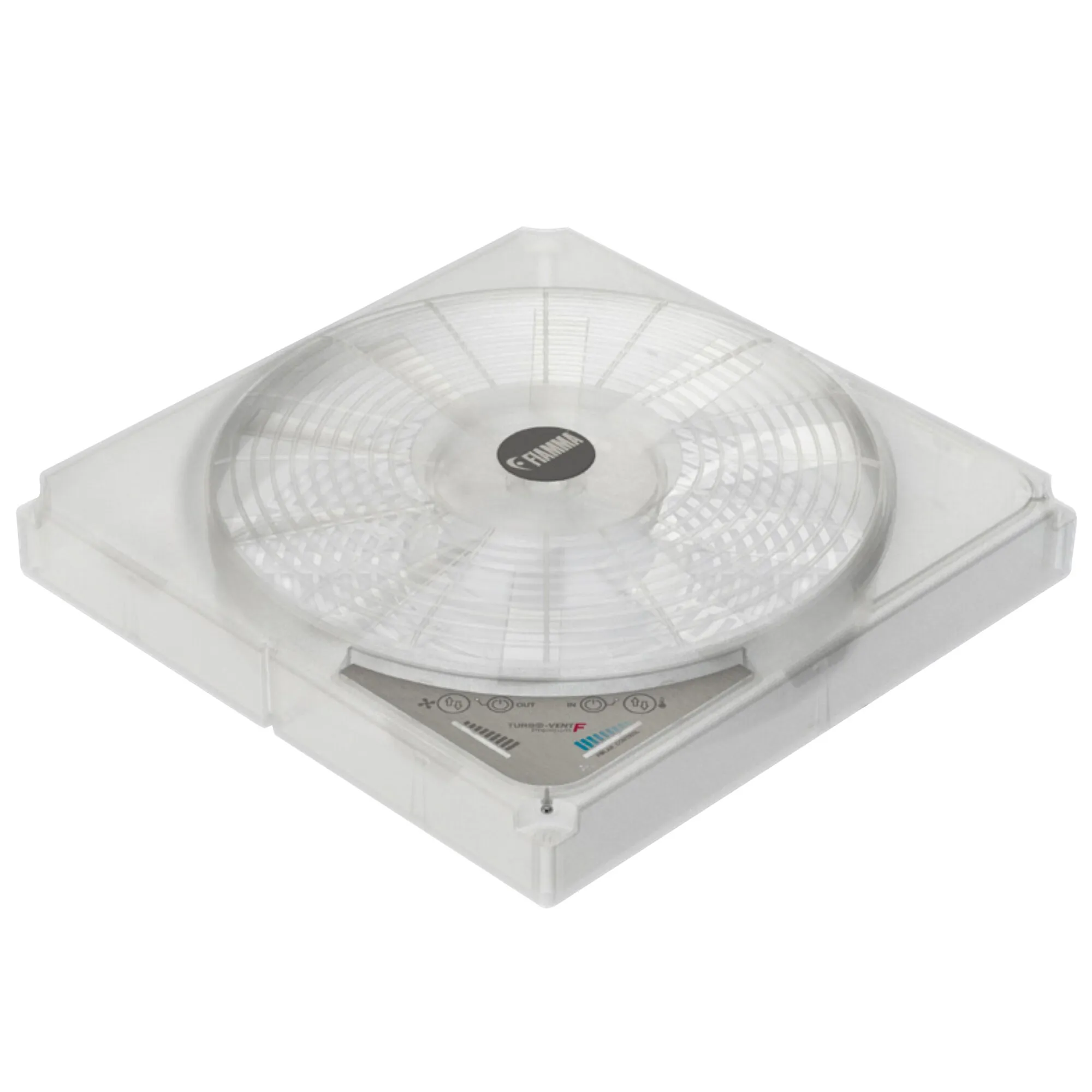 Transparenter Dachhaubenventilator Turbo Vent F mit quadratischem Rahmen, Schutzgitter und sichtbarem Bedienfeld in der Vorderseite
