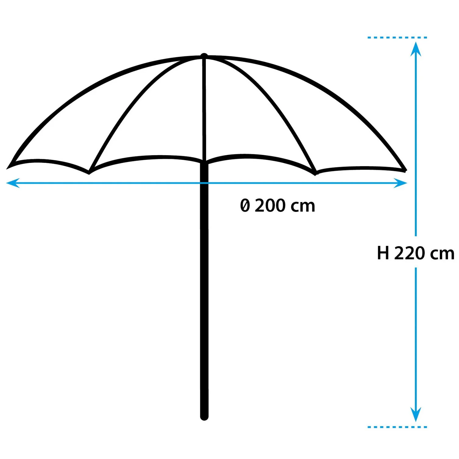 Sonnenschirm Solado mit schwarzem, kuppelförmigem Schirm, Durchmesser 200 cm und Höhe 220 cm in Seitenansicht