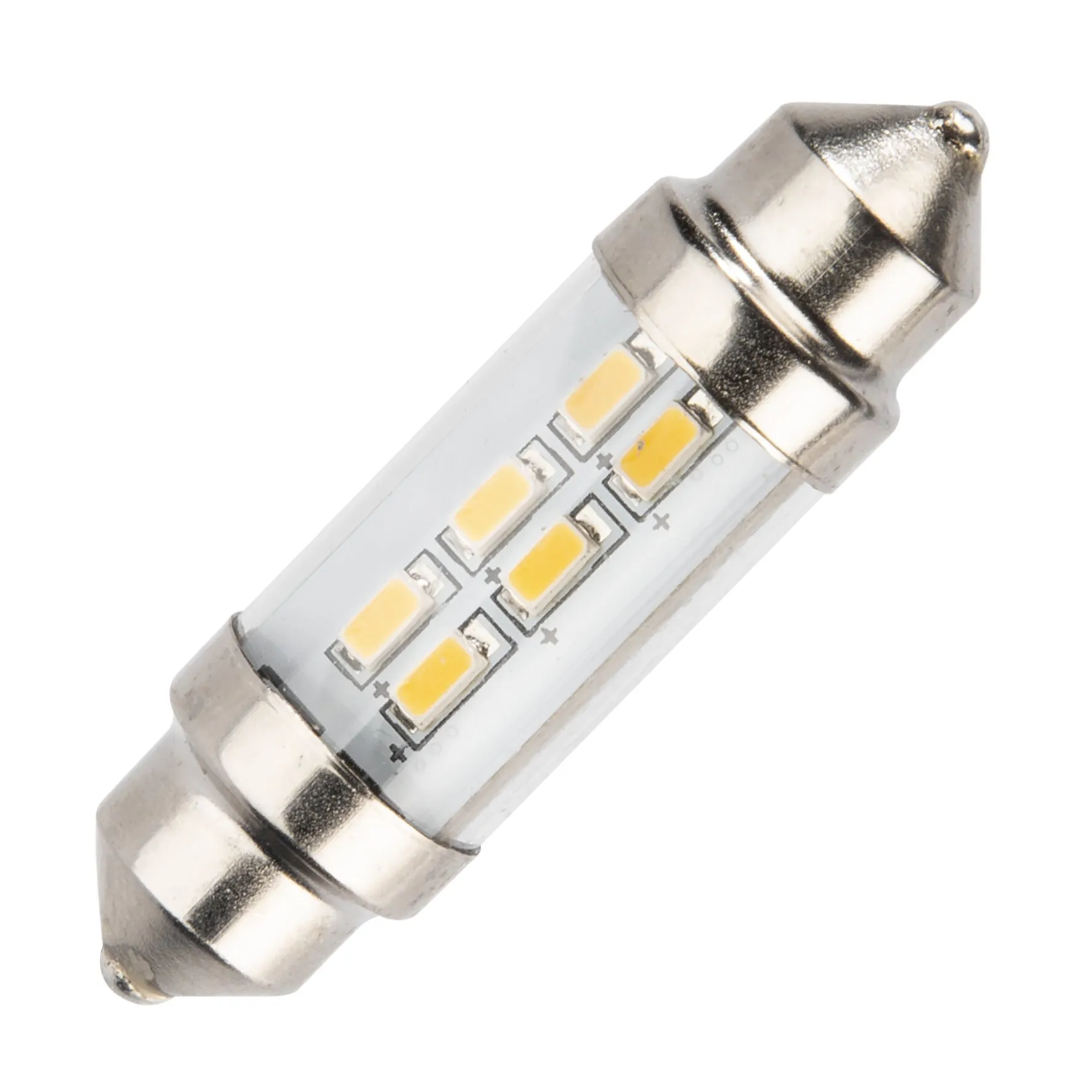 LED-Soffittenleuchtmittel mit 0,50 W, transparentem Gehäuse, gelben LED-Chips und vernickelten Metallkontakten