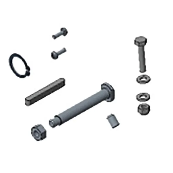 Kleinteileset aus grauen und schwarzen Metallteilen mit Bolzen, Schrauben, Muttern, Unterlegscheiben, Stift und Sicherungsring