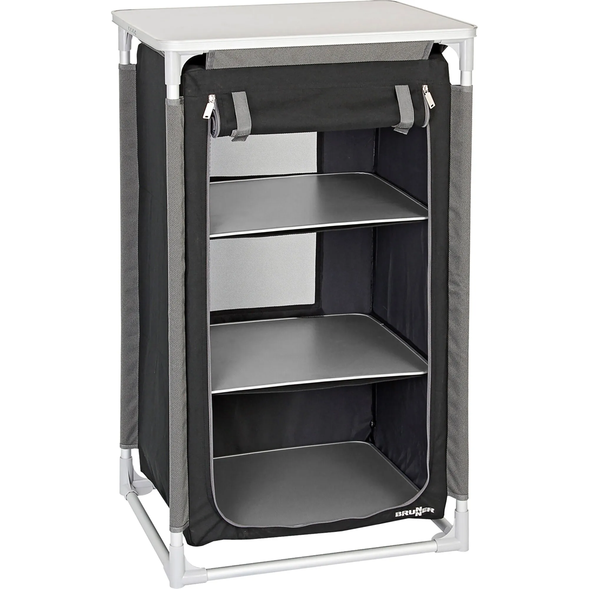 Schwarzer Campingschrank Azabache LS mit drei Ablageflächen, Aluminiumrahmen und aufgerollter Frontabdeckung