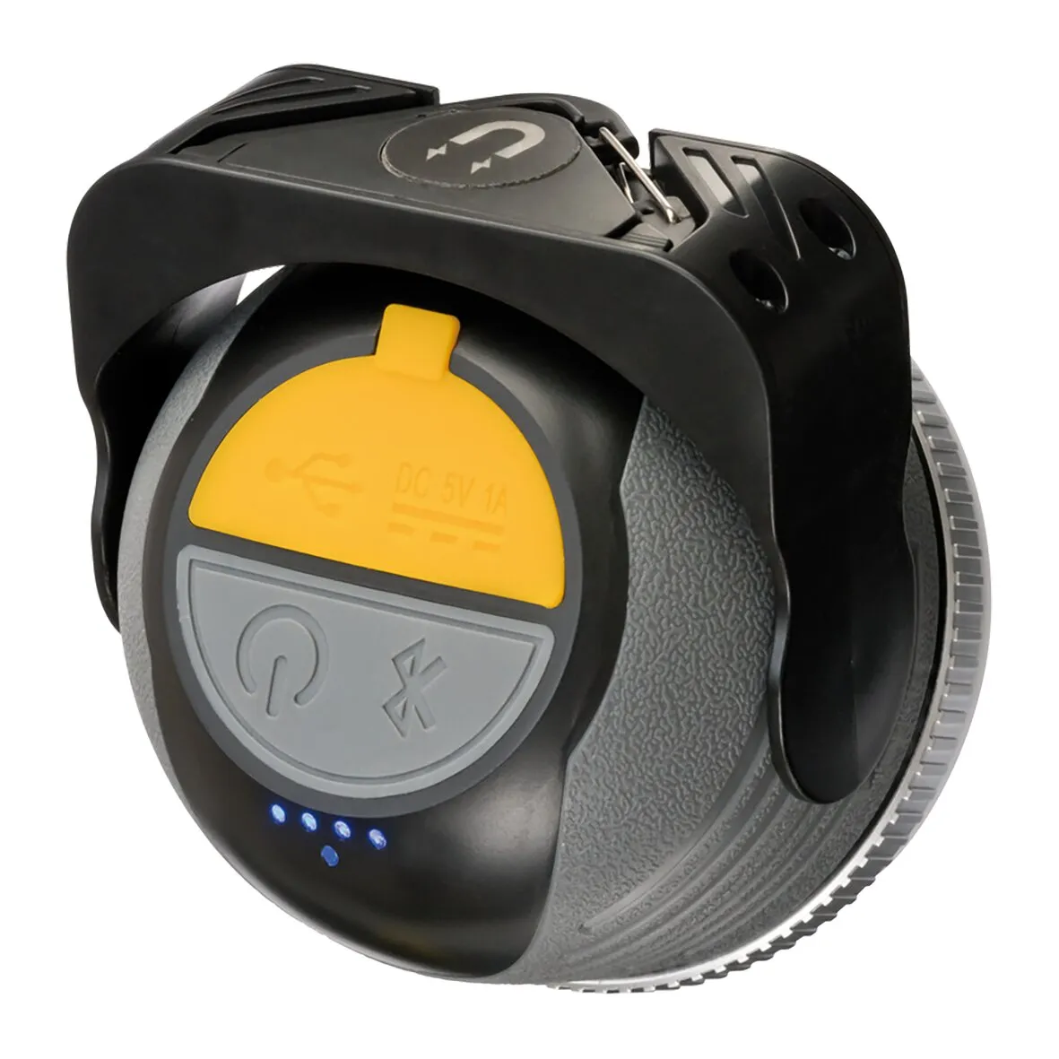 Schwarze Campingleuchte OLI 310 AB mit Tragegriff, Bluetooth- und Ein-/Ausschalter sowie sichtbaren Ladeanzeigen