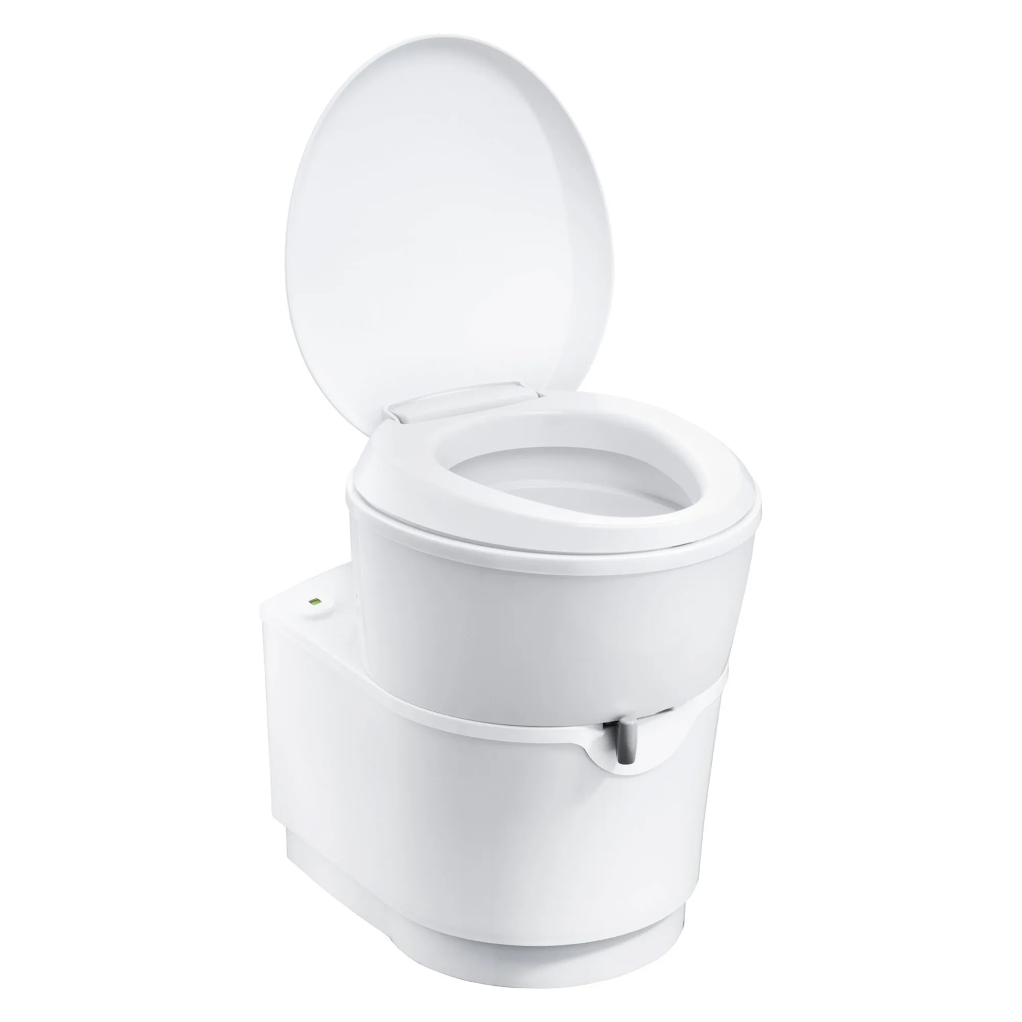 Weiße Cassettentoilette C220 Typ C223-S in Dreiviertelansicht mit geöffnetem Toilettendeckel und sichtbarem Behälterriemen