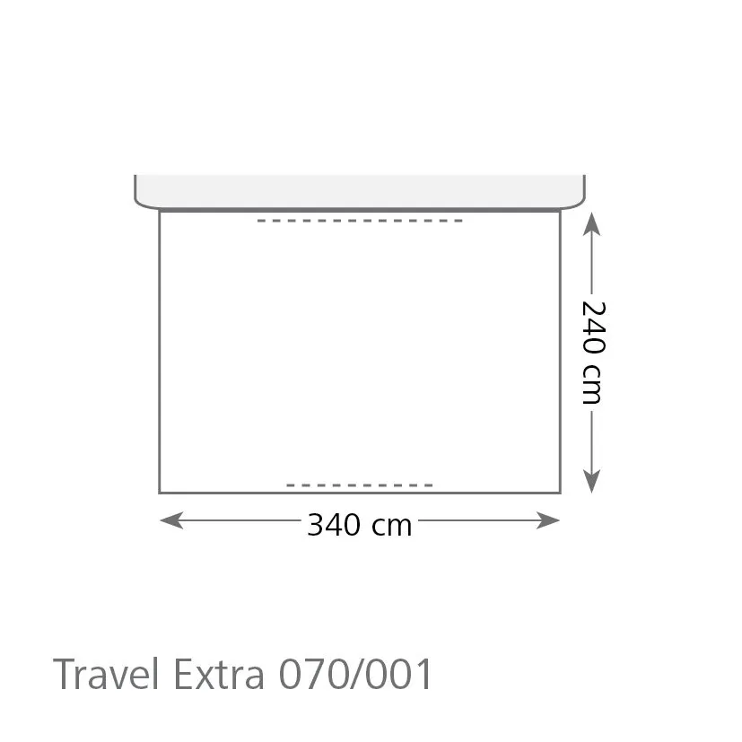 Technische Maßzeichnung des Busvorzelts Travel Extra 070/001 mit 340 cm Breite und 240 cm Höhe