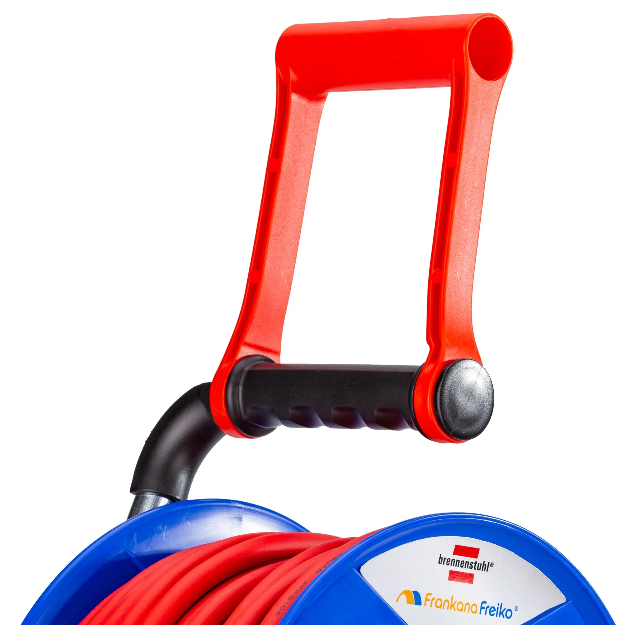 Rote Kabeltrommel Schuko 240 mit blauem Trommelgehäuse, rotem Kabel und schwarzem Tragegriff stufenlos
