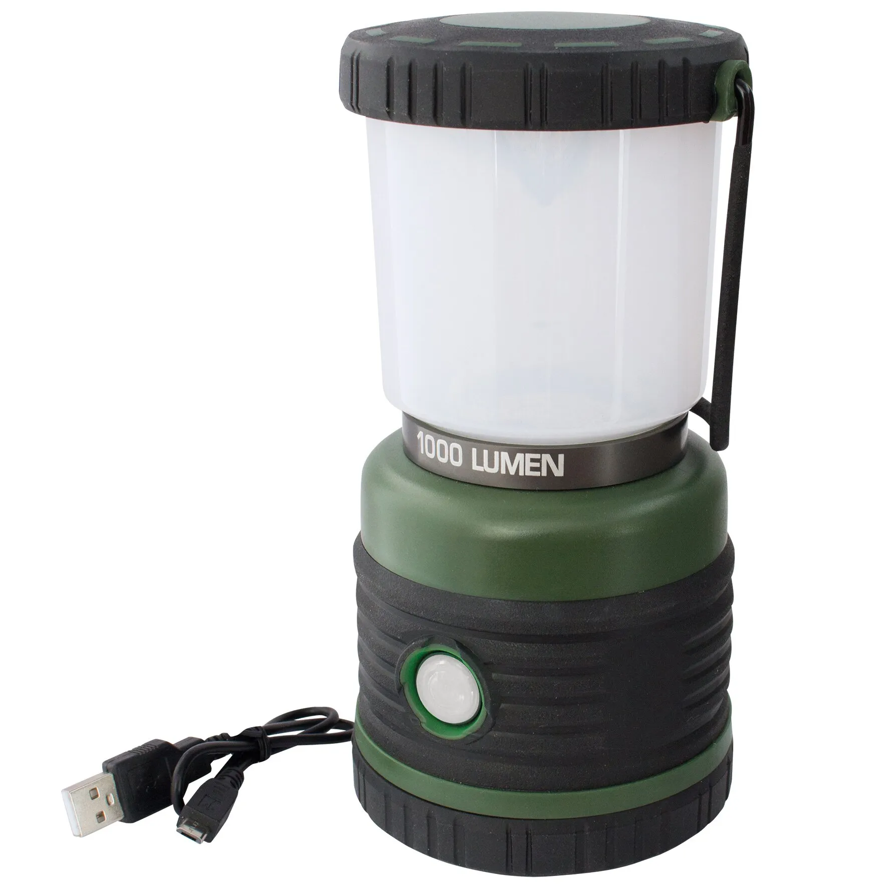 Campinglampe Leon in Schwarz und Dunkelgrün mit Tragebügel, USB-Kabel, Druckknopf und 1000 Lumen geschniegelt