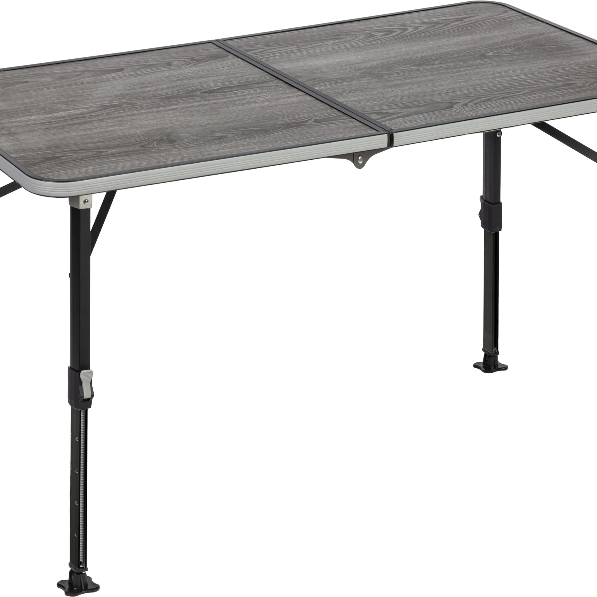 Campingtisch Elutop Compack 120 mit grauer Holzdekor-Tischplatte, Aluminiumrahmen und schwarzen höhenverstellbaren Beinen in Seitenansicht