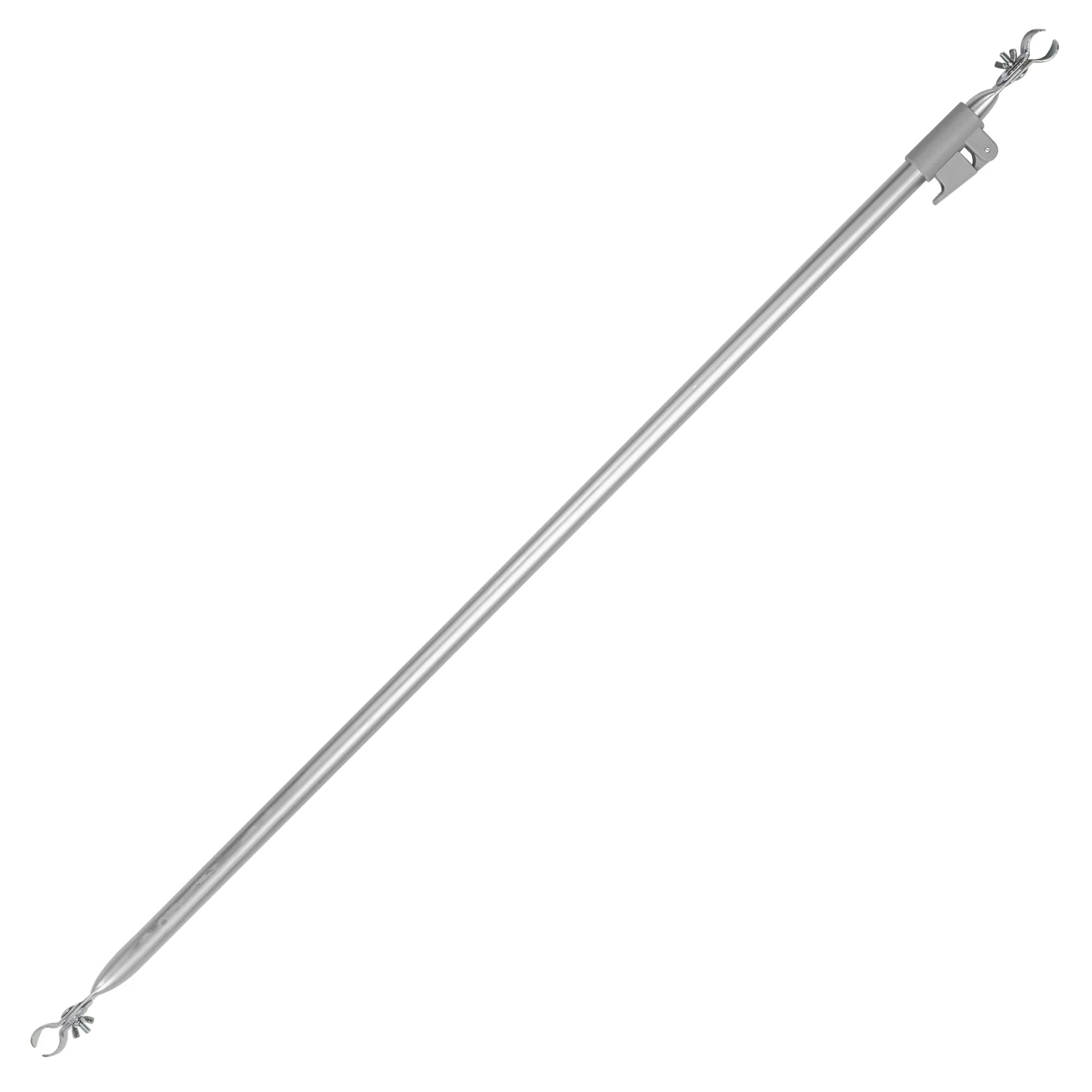 Silberfarbene Verandastange aus Metall, 215 cm lang, mit spitzen Enden und hakenförmigen Halterungen an beiden Seiten