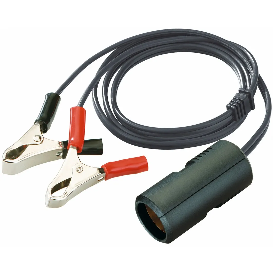 Schwarzes Batteriekabel mit roten und schwarzen Krokodilklemmen sowie integriertem zylindrischem Steckverbinder
