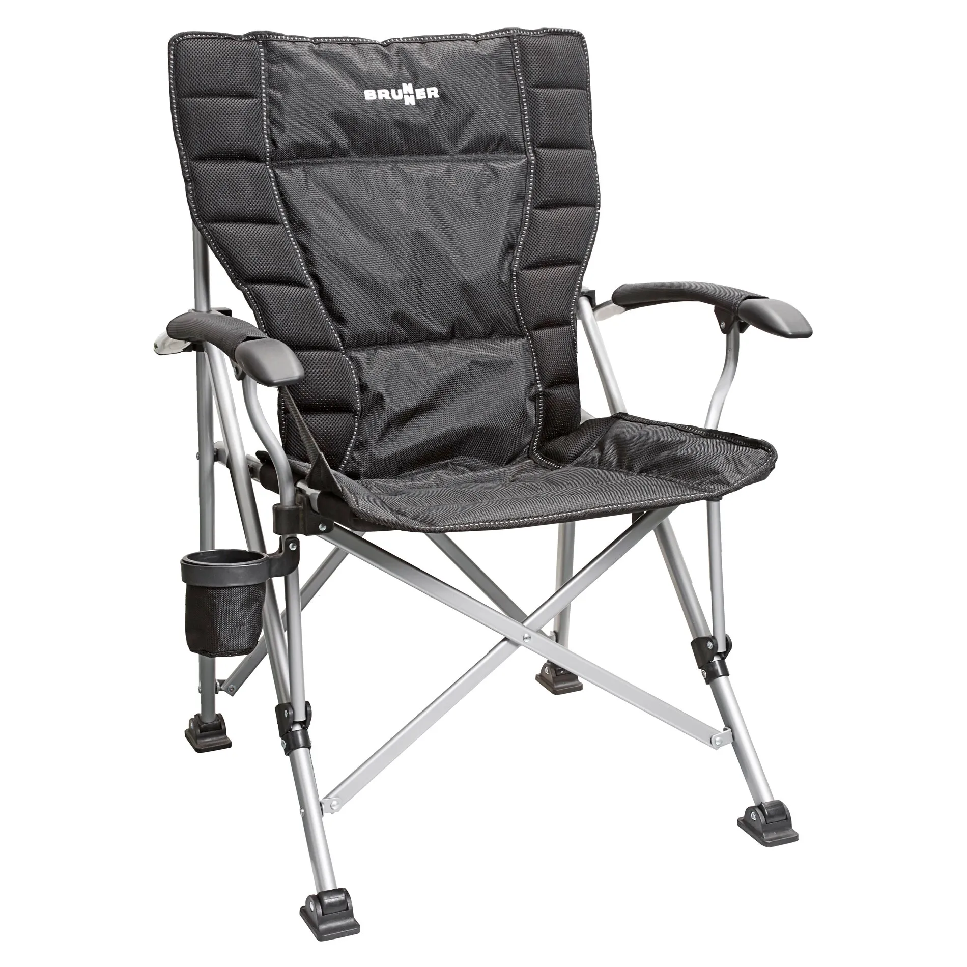 Schwarzer faltbarer Campingstuhl Raptor NG 2.0 mit gepolsterten Armlehnen, Aluminiumgestell und Getränkehalter