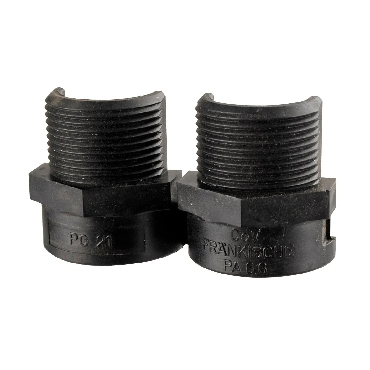 Zwei schwarze Anschlussverschraubungen aus Kunststoff mit Außengewinde und Sechskantmutter, 20 mm, im 2er-Set