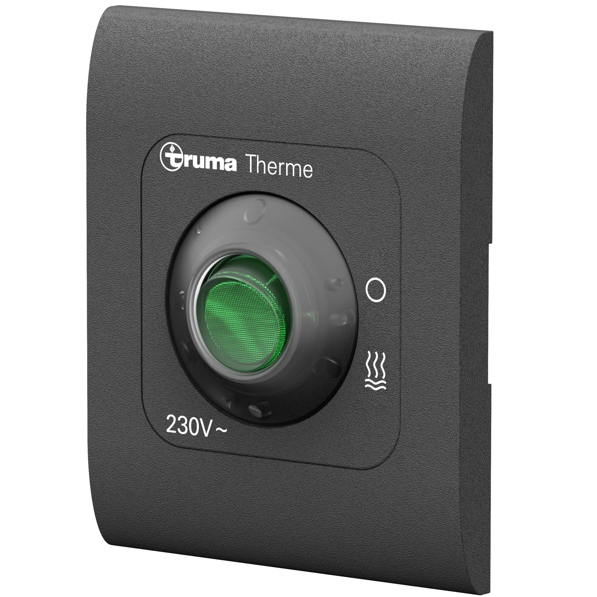 Frontansicht des dunkelgrauen Warmwasserboilers Truma Therme TT 2 mit grün beleuchtetem Drehschalter für 230 V