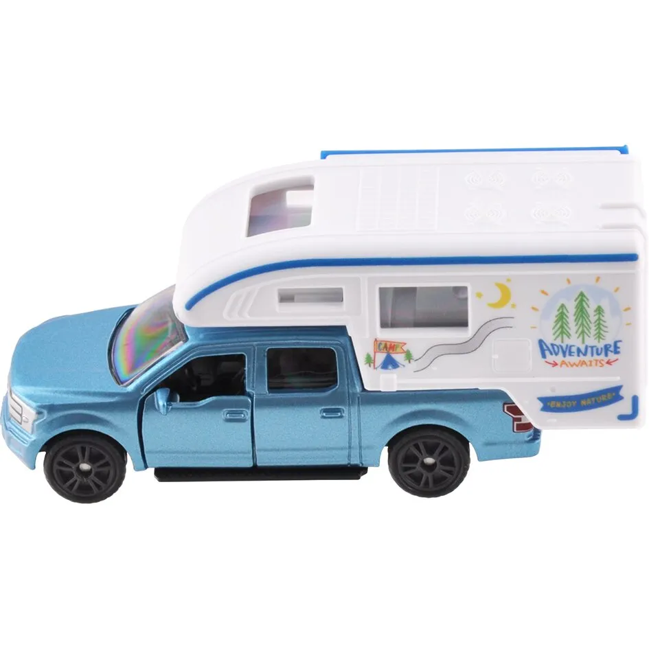 Blauer Ford F150 Pick-up als Spielzeug mit weißem Camper-Aufbau, Seitenansicht, Fenstern, Campingmotiven und schwarzen Rädern