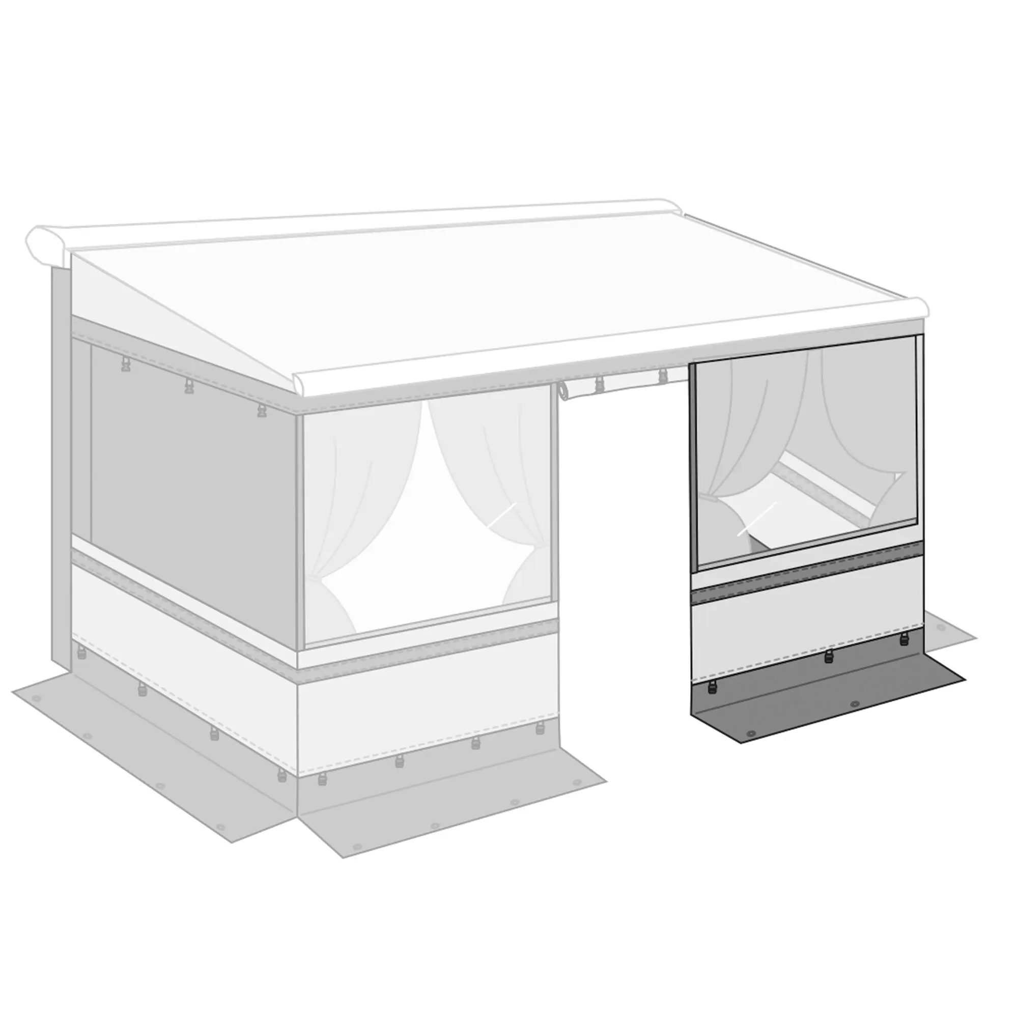 Schrägperspektivische Zeichnung des Privacy Room Light Frontpanele – Frontwanderweiterung, 125 cm, mit Korpus, Glasfront rechts und oberer Abdeckung