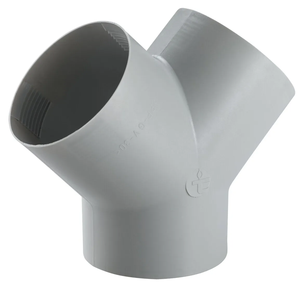 Graues Y-Stück aus Kunststoff mit drei Rohranschlüssen, zwei seitlichen Öffnungen und sichtbaren Innenrippen