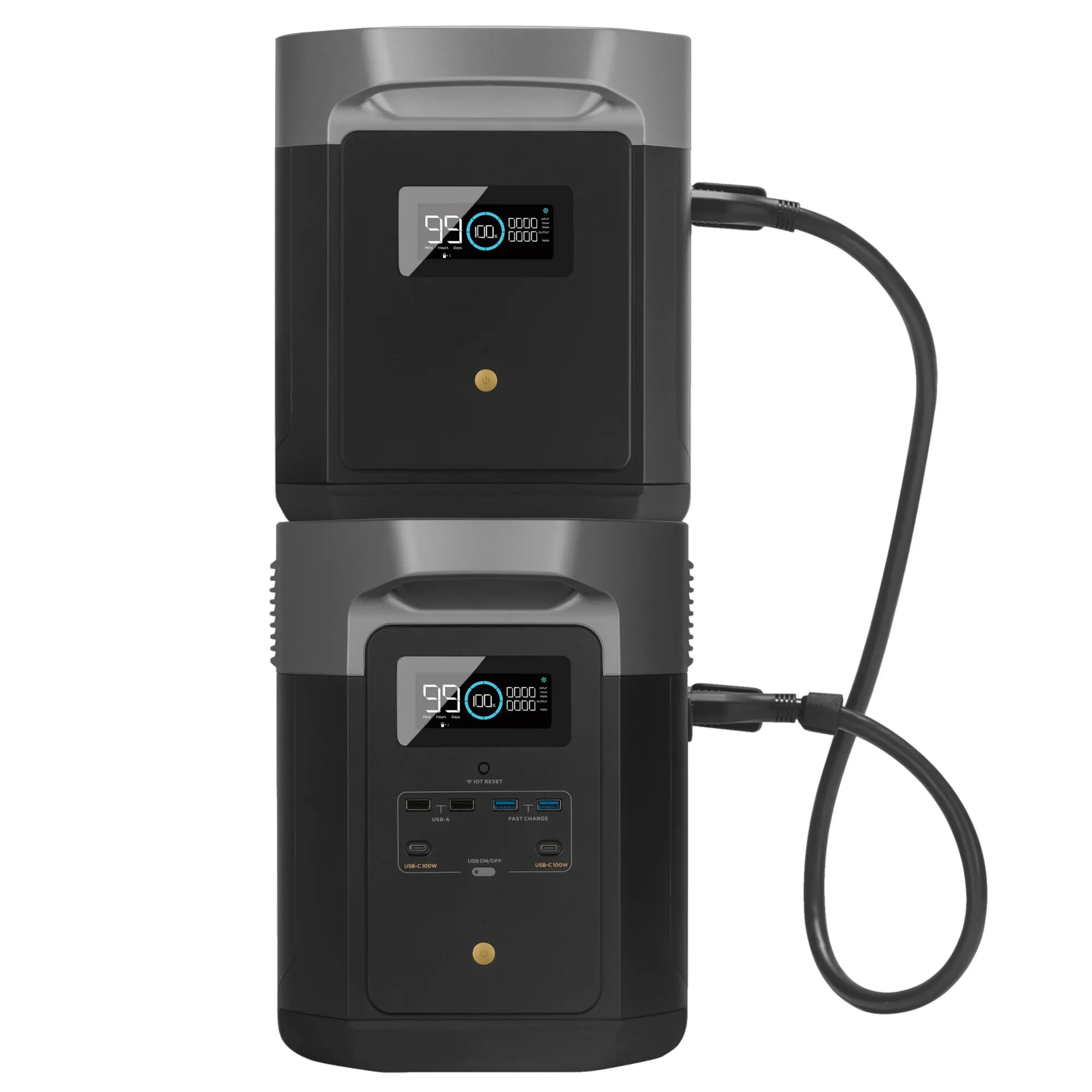 Schwarzes Verbindungskabel zwischen einer DELTA Max Zusatzbatterie und einer DELTA Max Powerstation