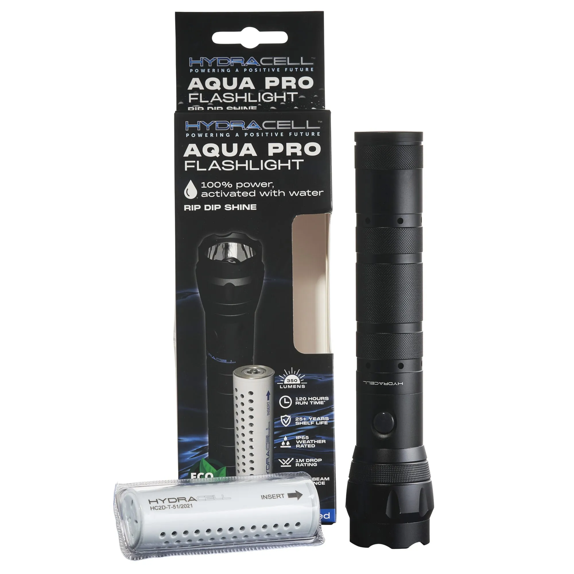 Schwarze Taschenlampe HydraCell Aqua Pro mit Verpackung und eingesetzter weißer Wasseraktivierungszelle gras_anthrazit