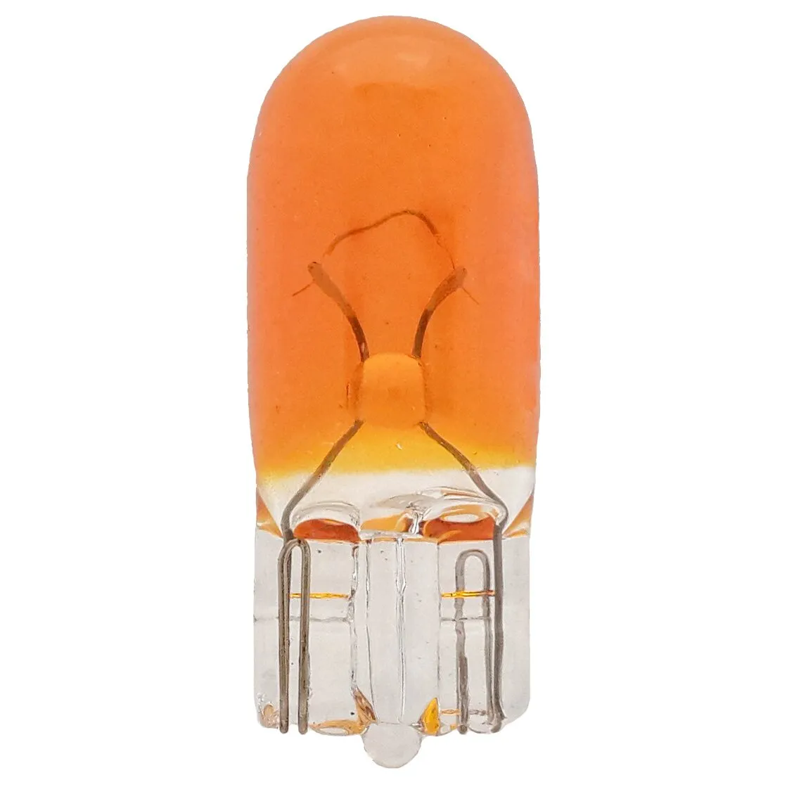 Orangefarbene Kfz-Glassockellampe W2,1x9,5d mit sichtbarem Glaskolben, Glühwendel und transparentem Glassockel
