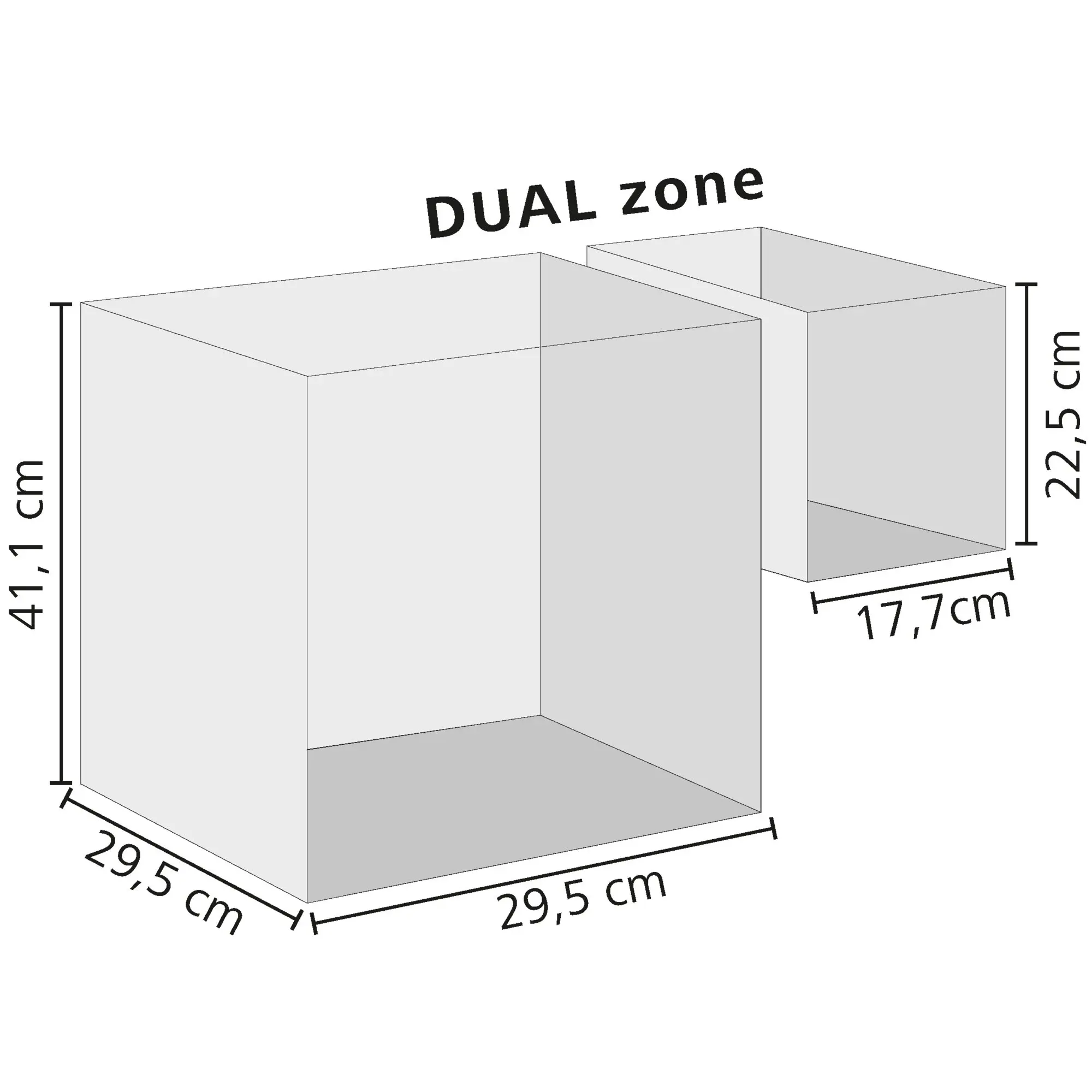 3D-Skizze eines großen quaderförmigen Kühlgeräts mit DUAL zone, rechts ein kleinerer Anbau, Maßlinien zeigen Höhe 41,1 cm, Tiefe 29,5 cm und Anbauweite 17,7 cm