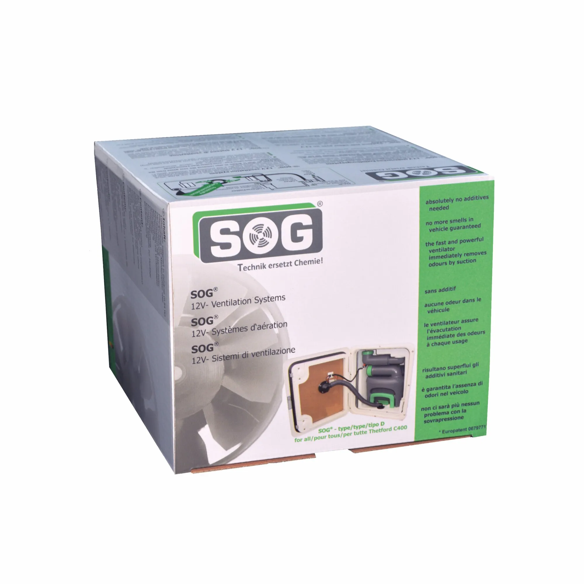 Verpackung einer SOG 12-Volt-WC-Entlüftung für Thetford C400 mit Anschlussdarstellung und weißer Türvariante