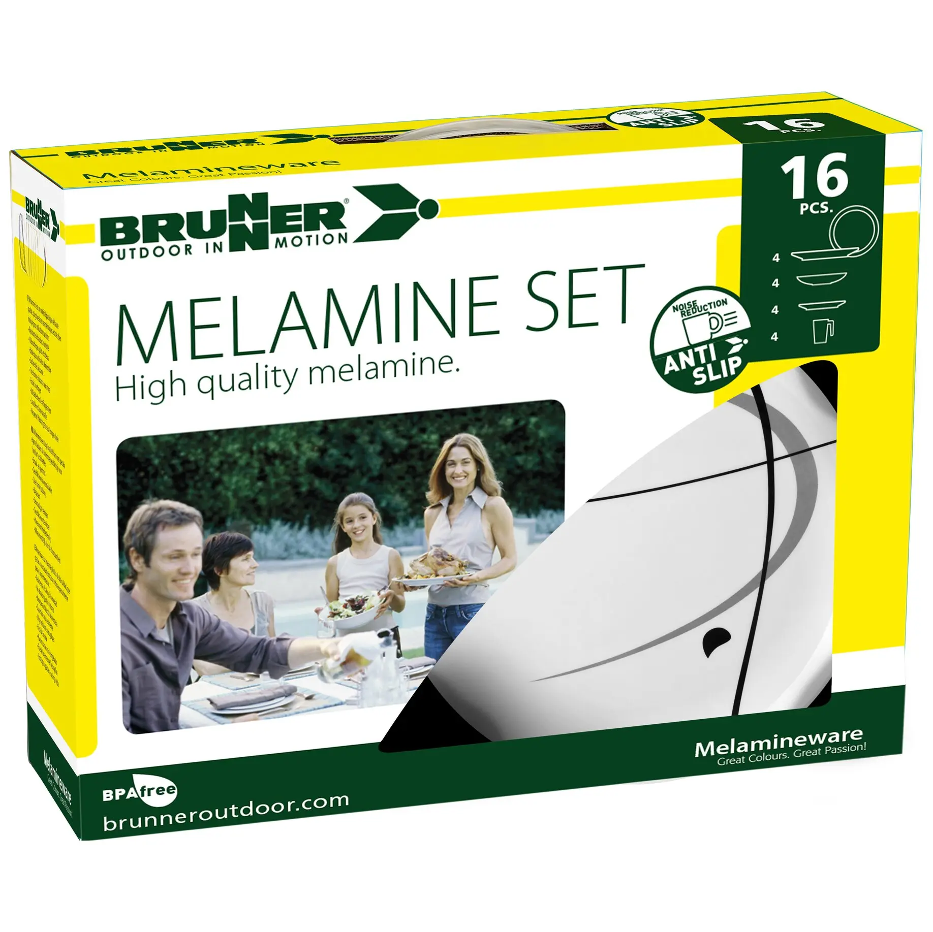 Verpackung des Brunner Melamine Sets Serenade mit weißem Geschirr und schwarzen Linien, 16-teilig aus Melamin