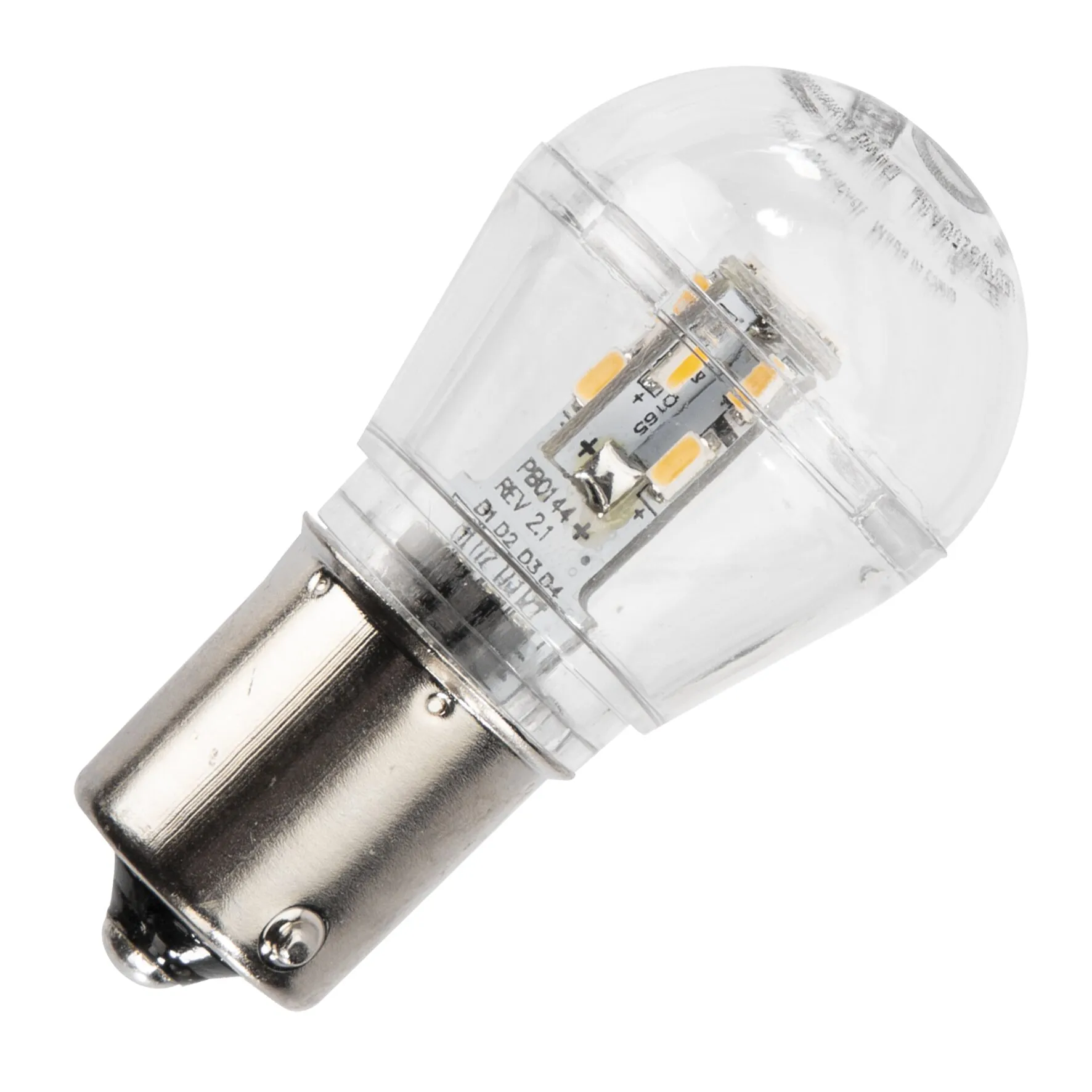 Transparente LED-Leuchte BA15s mit sichtbaren gelben LEDs und verchromtem Bajonettsockel in schräger Detailansicht