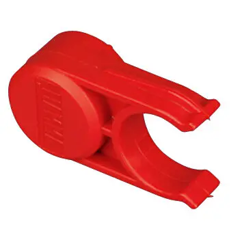 Rote Kunststoffklemme mit zwei gebogenen Greifbacken und seitlich geriffelter runder Einstellknopf, Öffnung circa 30 mm