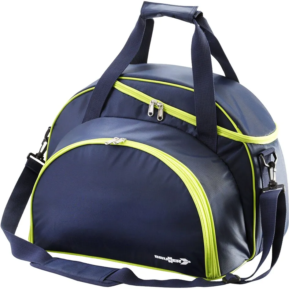 Dunkelblaue Friobag-Kühltasche mit 30 Litern Volumen, neongrünen Reißverschlüssen, Tragegriffen und abnehmbarem Schultergurt