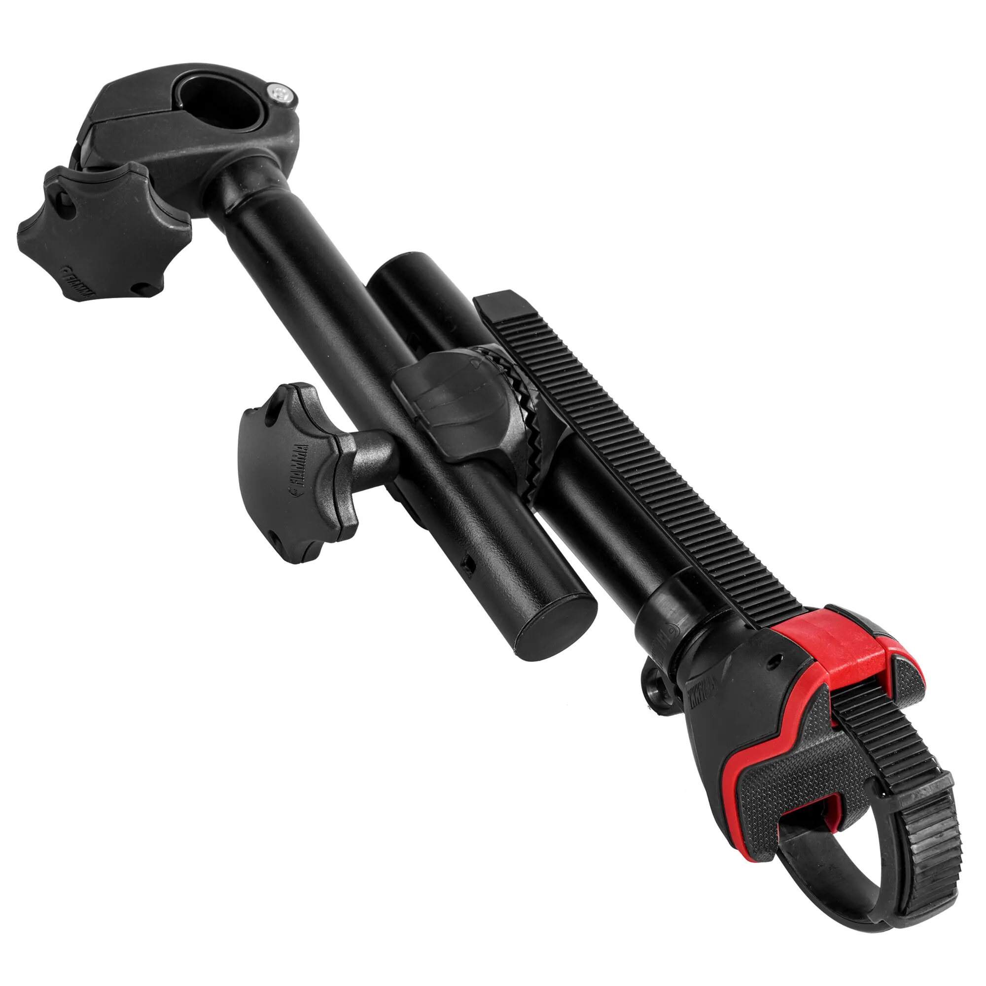 Schwarzer Fahrradhalter Bike-Block Pro S D1 mit Befestigungsklemme, Spannriemen und rot-schwarzer Radhalterung