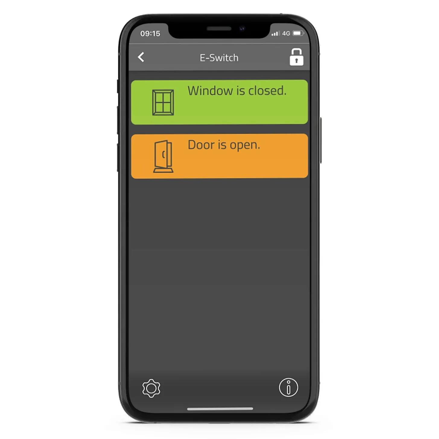 E-Switch Tür- und Fenstersensor in einer Smartphone-App: Fenster geschlossen, Tür geöffnet
