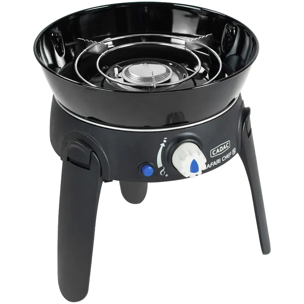 Kleiner runder Gasgrill in schwarzer Lackierung mit drei Standbeinen, sichtbarer Brenner und Einstellknopf; CADAC Safari Chef 2 Logo