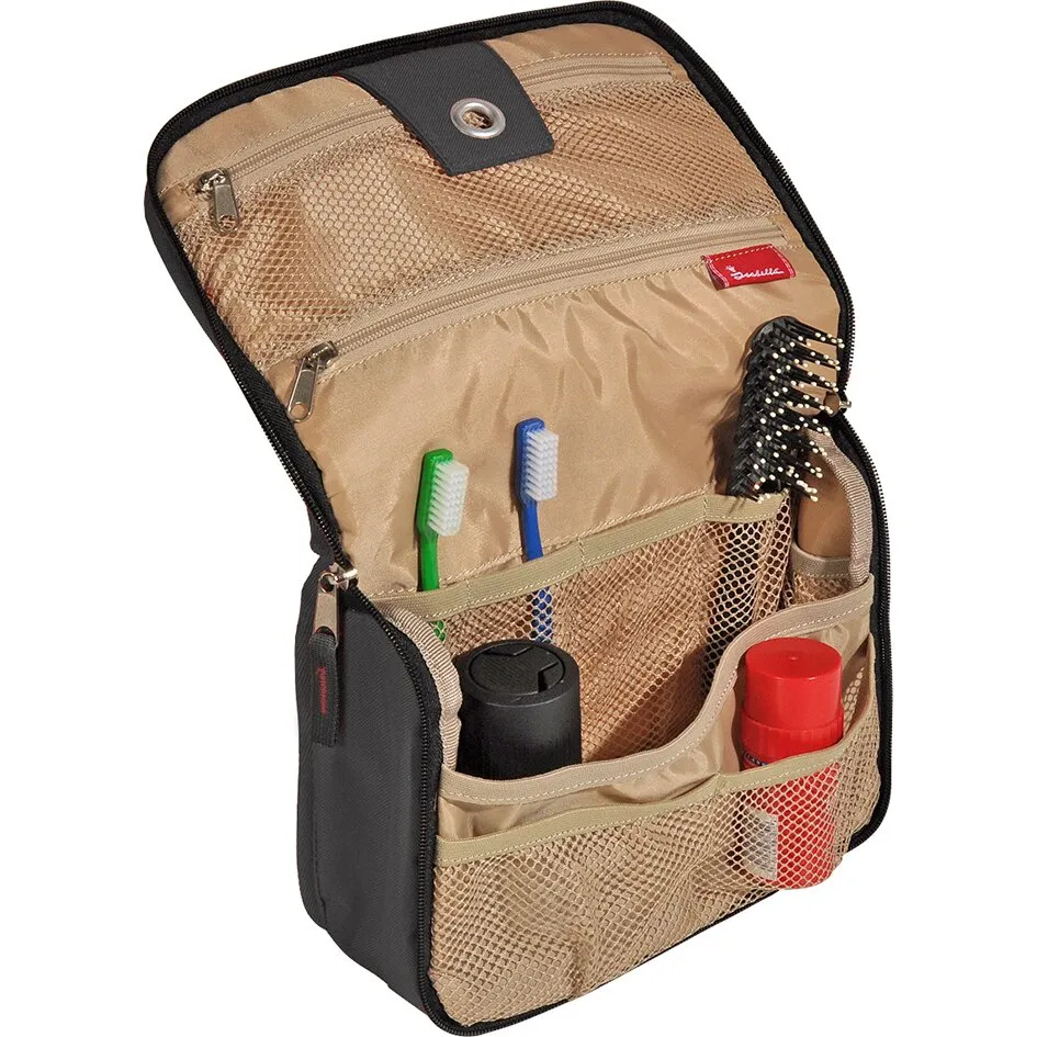 Offene Kulturtasche Mercury in Beige mit schwarzen Kanten, Netzfächern und Reißverschlusstaschen, bestückt mit Pflegeutensilien
