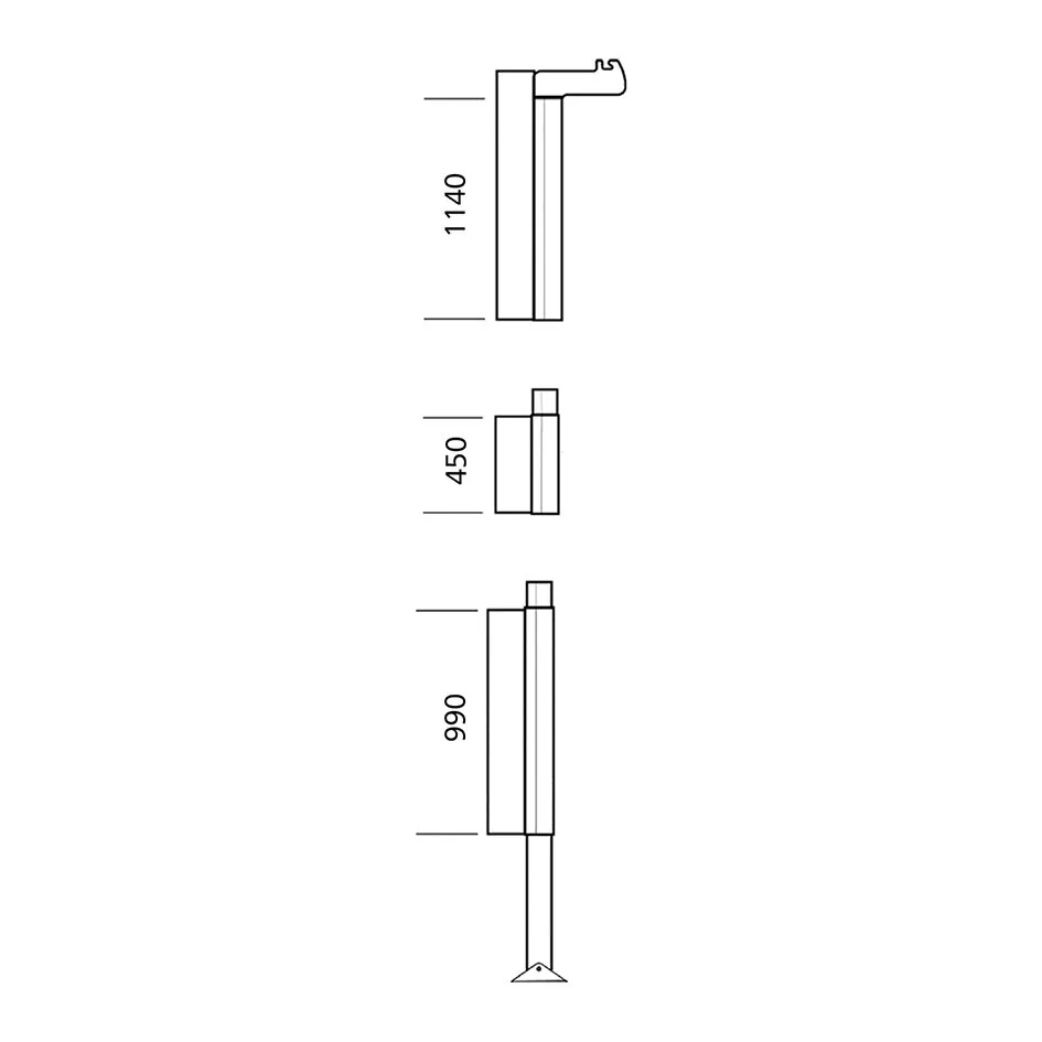 Technische Zeichnung des rechten Mastprofils für Thule Residence/Panorama mit drei Ansichten und Maßangaben 990, 450 und 1140 mm