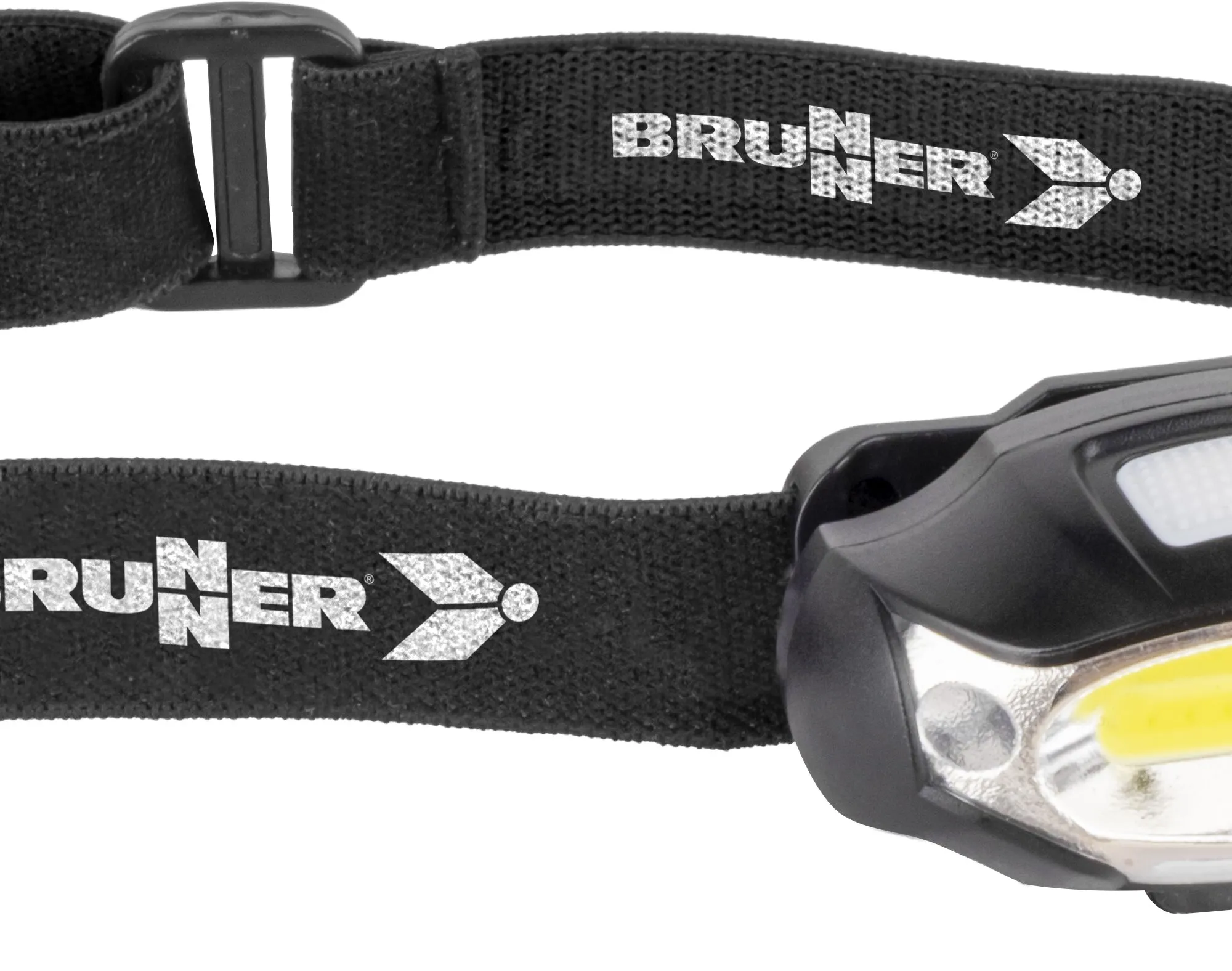 Schwarzes Stirnband mit BRUNNER-Logo, verstellbare Schnalle und sichtbares LED-Lichtpanel der Stirnlampe am rechten unteren Rand