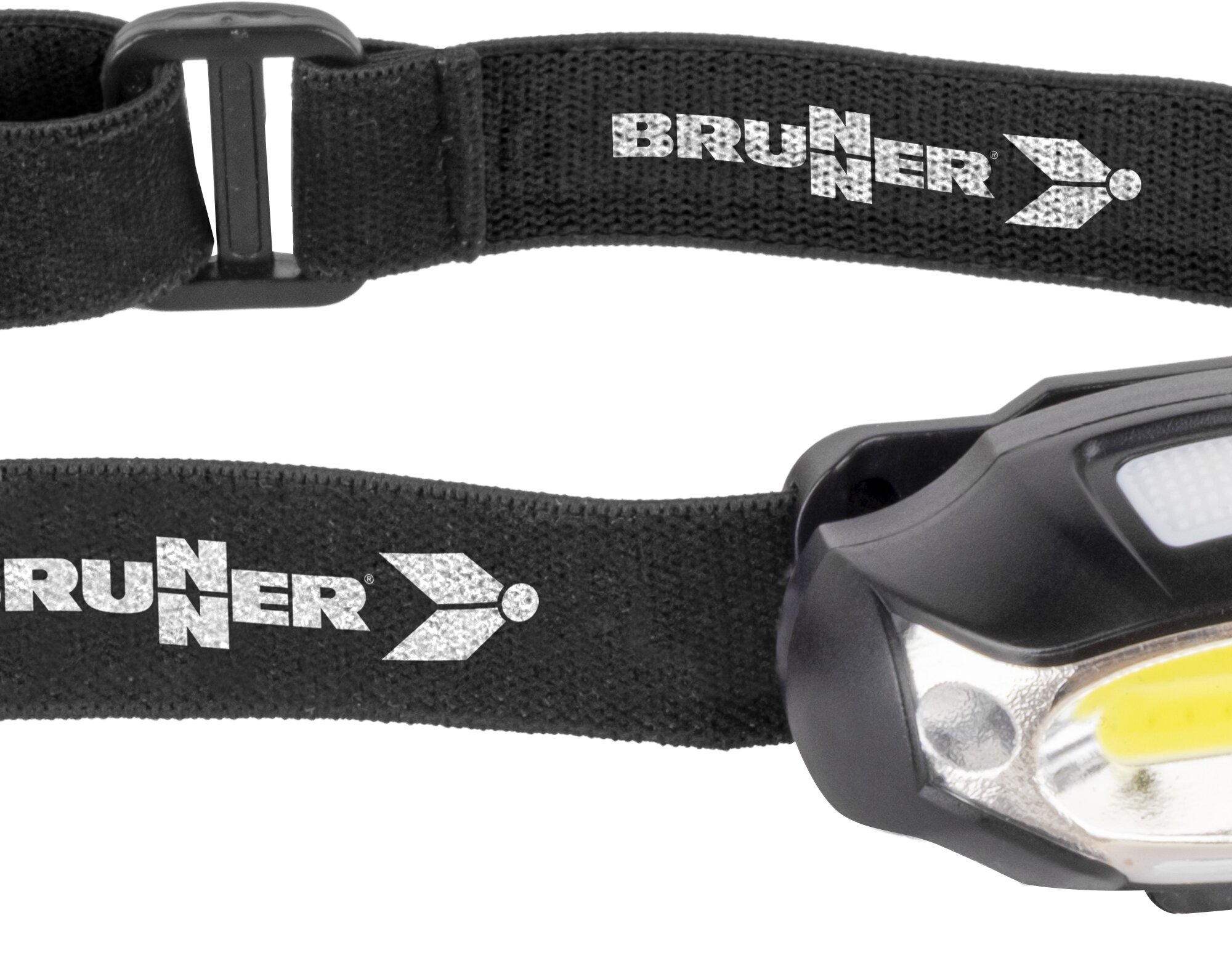 Schwarzes Stirnband mit BRUNNER-Logo, verstellbare Schnalle und sichtbares LED-Lichtpanel der Stirnlampe am rechten unteren Rand