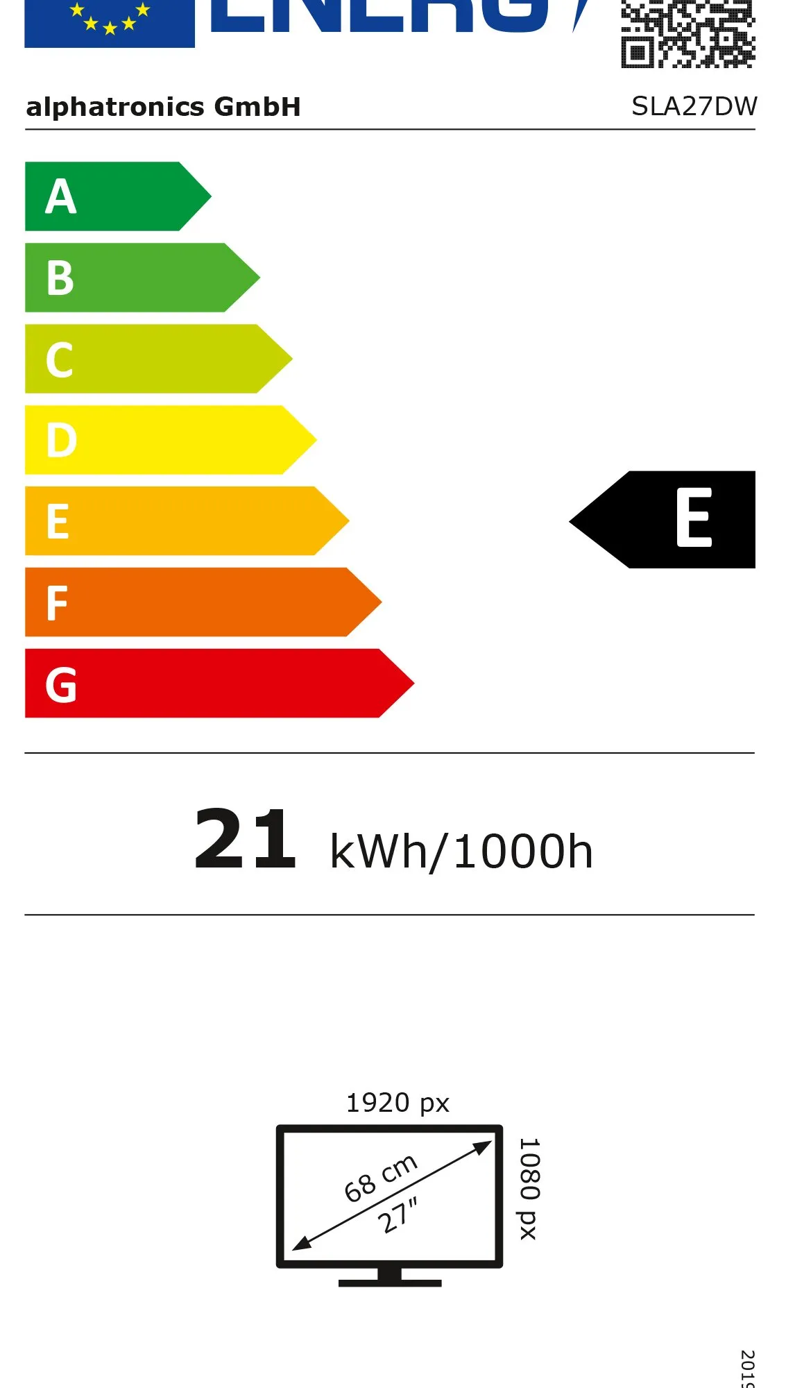 Energieetikett des Fernsehers alphatronics SLA27DW mit 27 Zoll (68 cm), Energieeffizienzklasse E und 21 kWh/1000h
