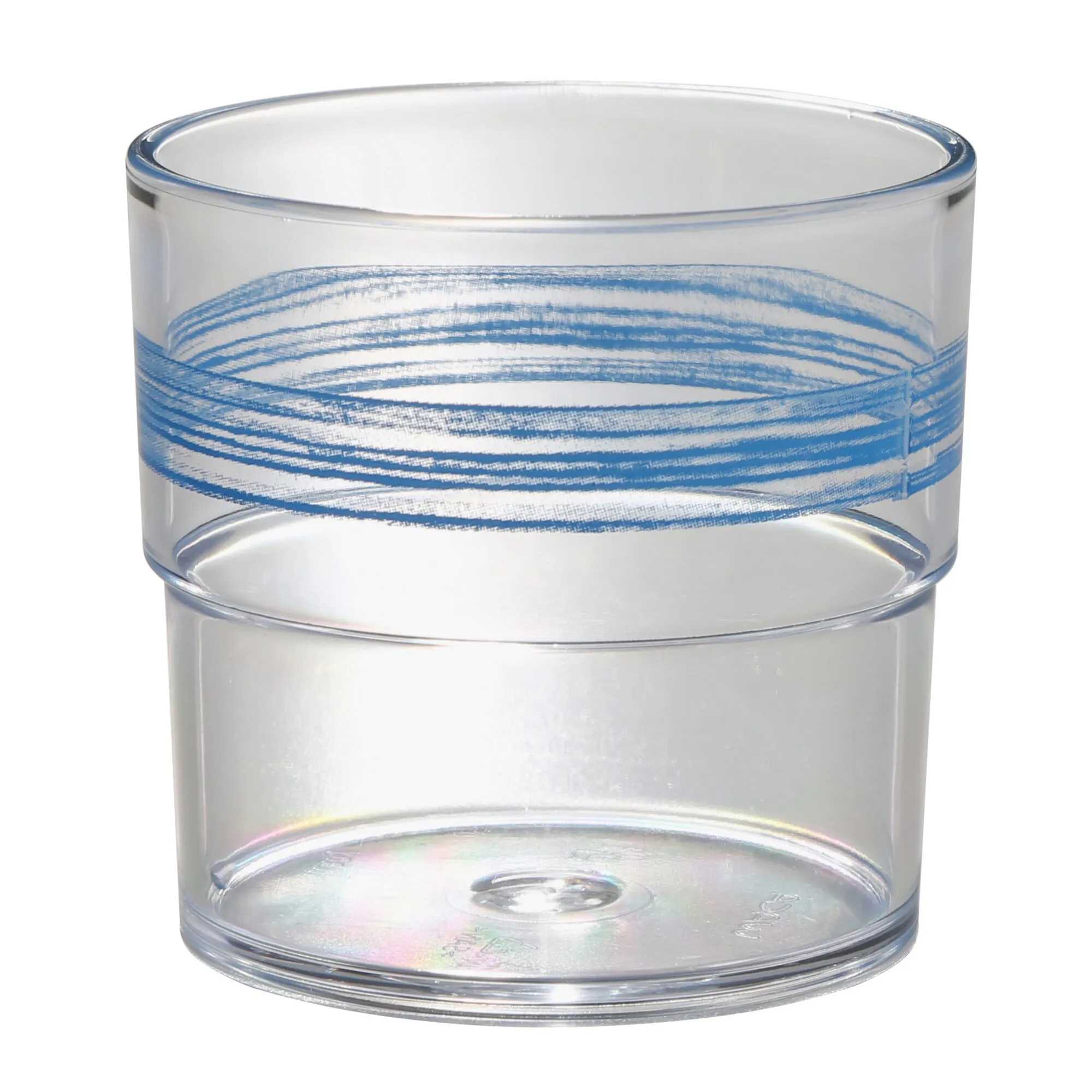 Transparentes zylindrisches Trinkglas mit dickem Boden und blauem Linienmuster rund um den oberen Glasbereich