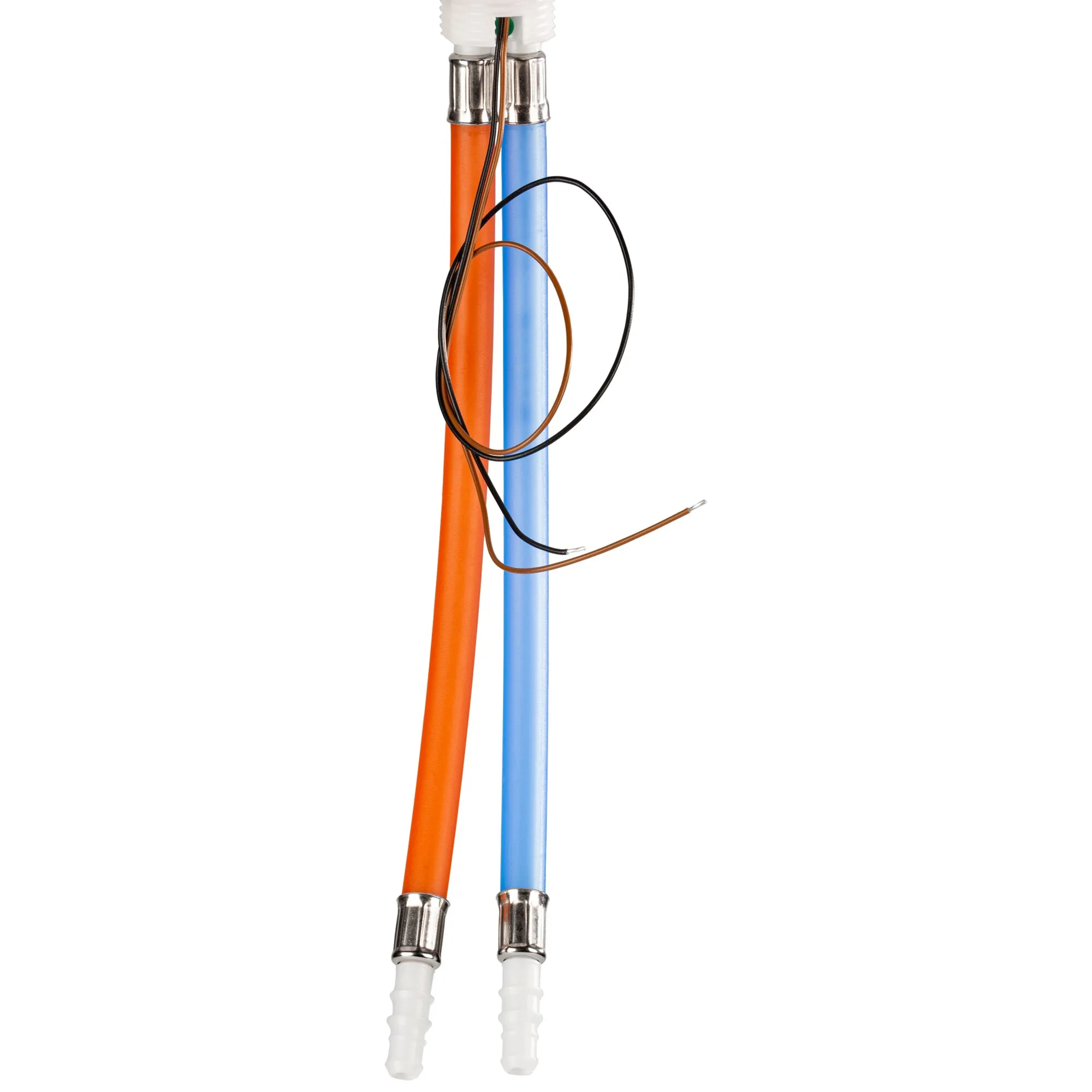 Einhebelmischer Kama Standard in Detailansicht mit orangefarbenem und blauem Anschlussschlauch, Metallhülsen und Leitungen
