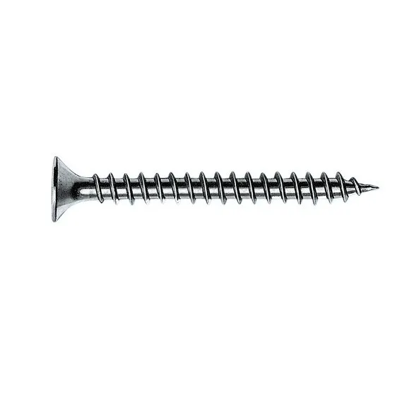 Spanplattenschraube mit schwarzer Oberfläche, Senkkopf, grobem Gewinde und spitzer Spitze in seitlicher Ansicht